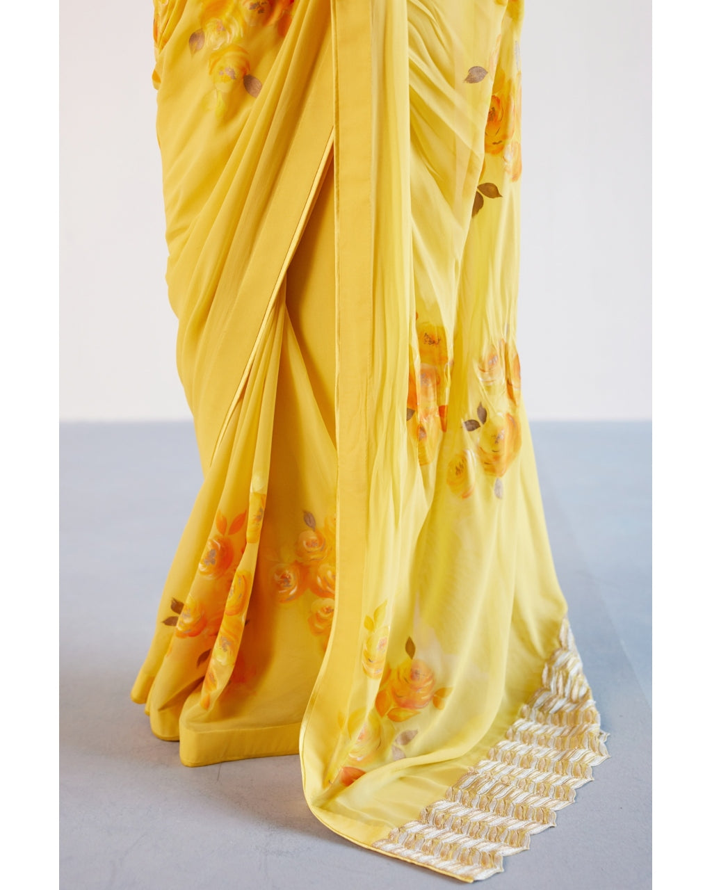 Yellow Pure Georgette Hand-Painted Embroidered Sari