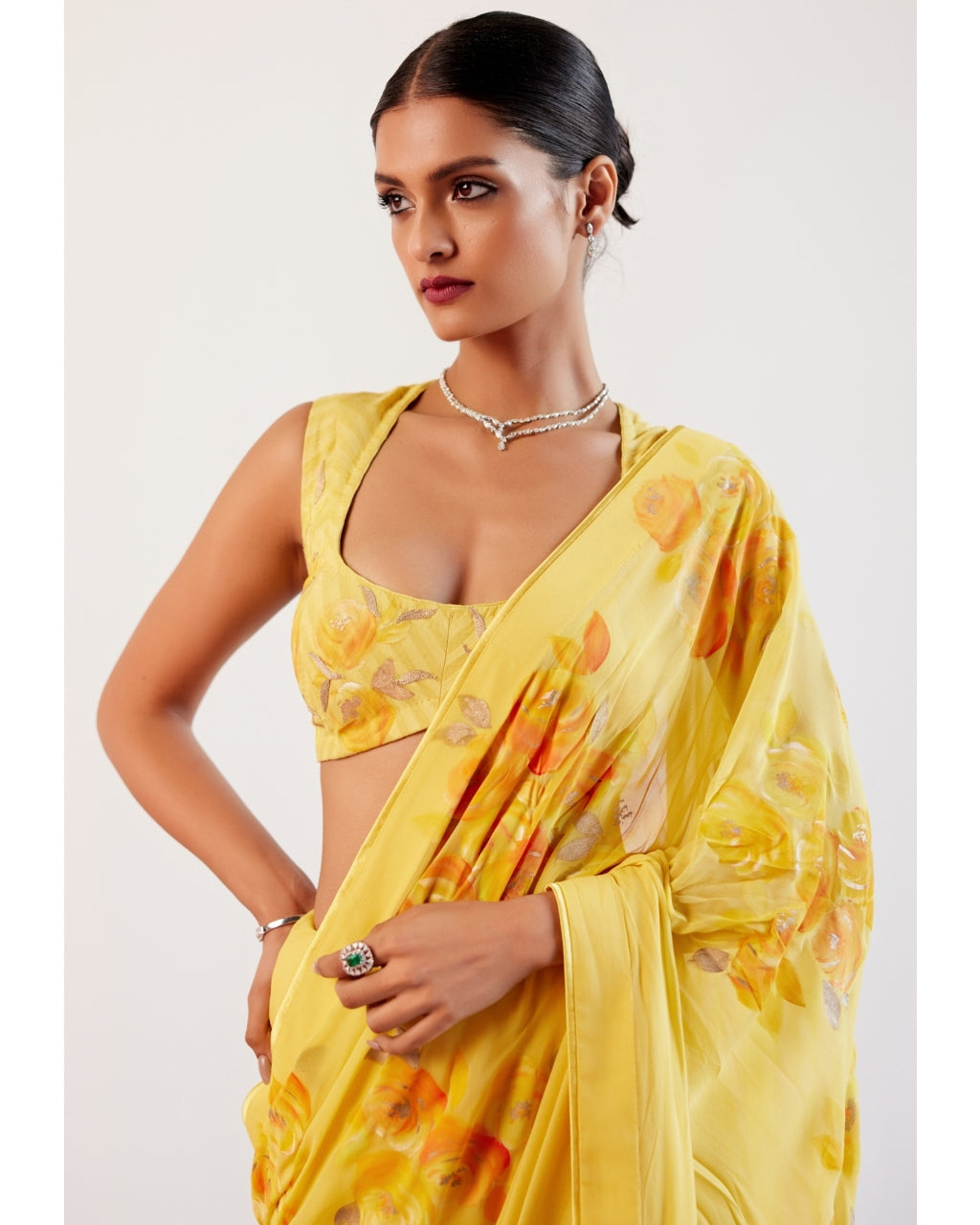 Yellow Pure Georgette Hand-Painted Embroidered Sari