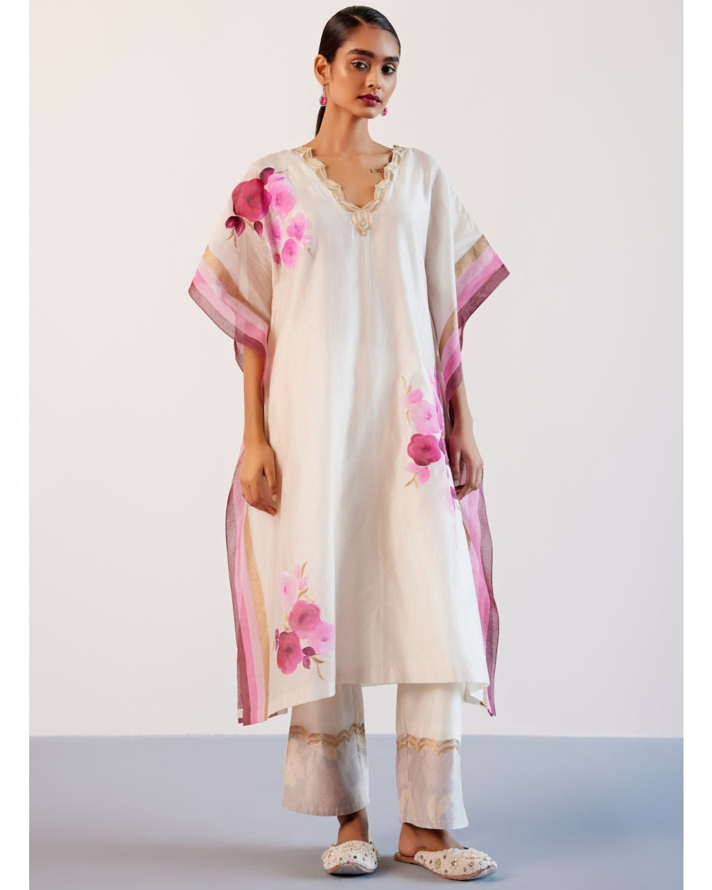 Ivory And Pink Silk Chanderi Hand-Painted Embroidered Kaftan Set