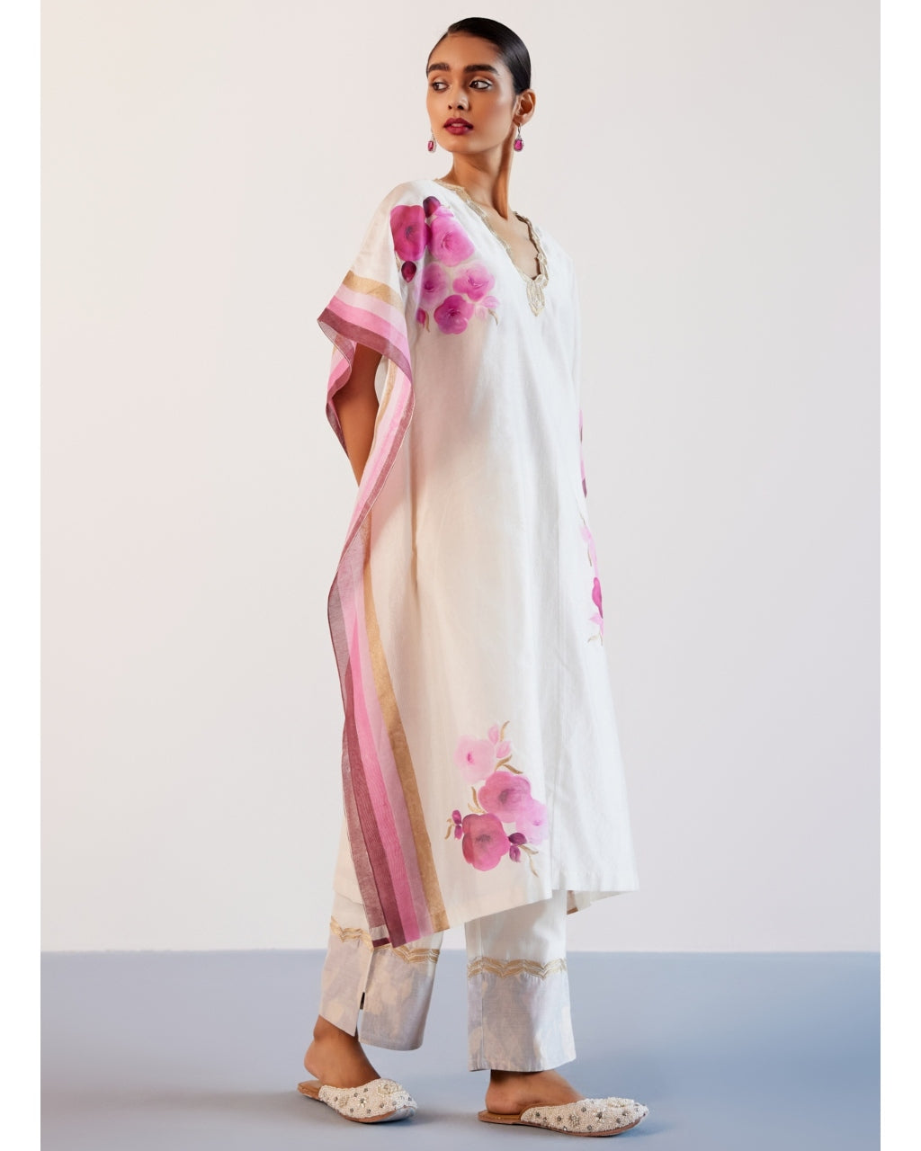 Ivory And Pink Silk Chanderi Hand-Painted Embroidered Kaftan Set