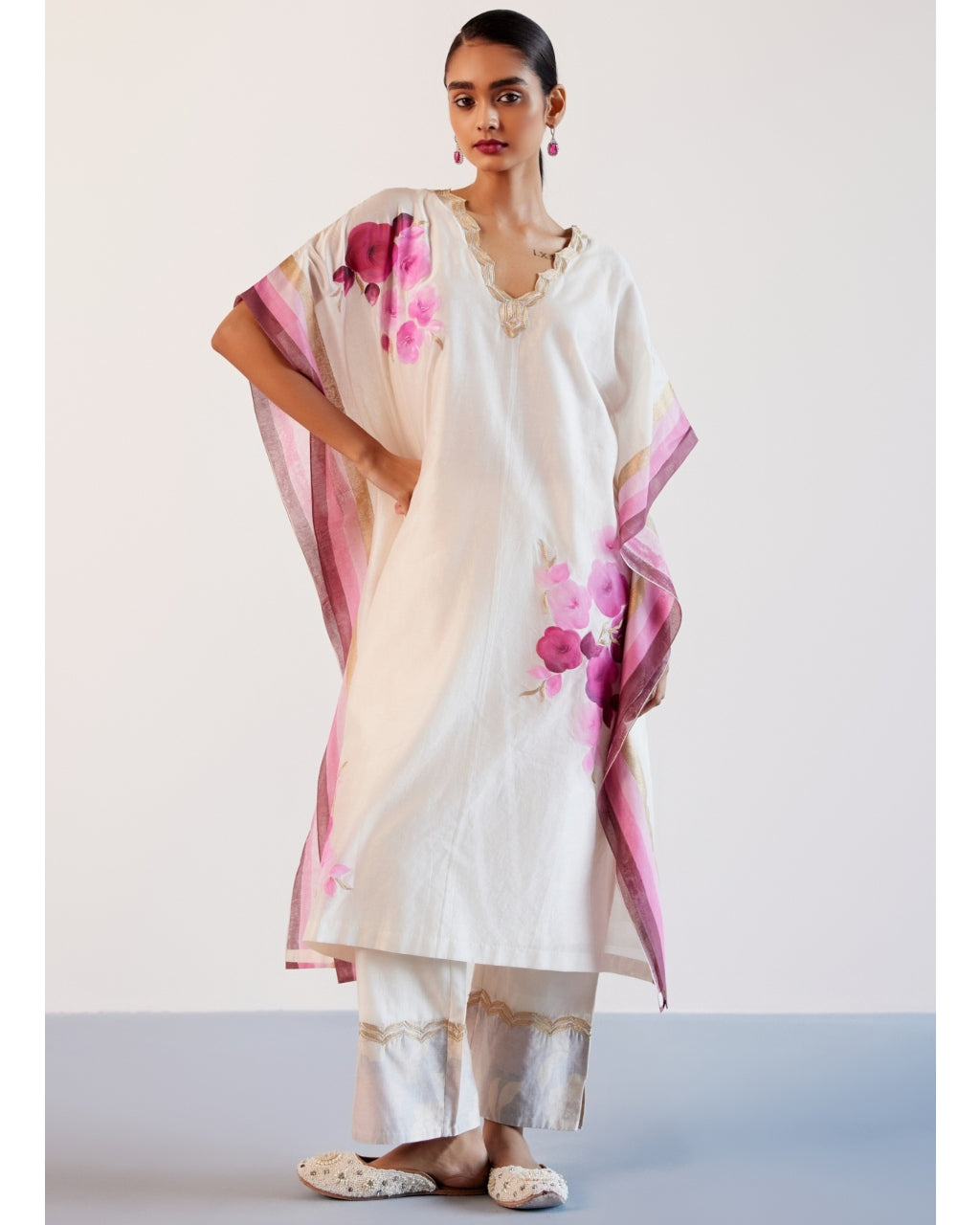 Ivory And Pink Silk Chanderi Hand-Painted Embroidered Kaftan Set