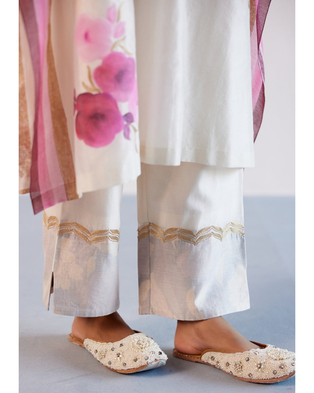 Ivory And Pink Silk Chanderi Hand-Painted Embroidered Kaftan Set