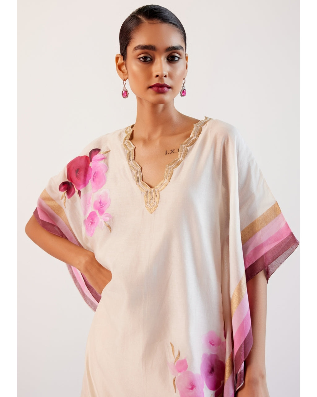 Ivory And Pink Silk Chanderi Hand-Painted Embroidered Kaftan Set