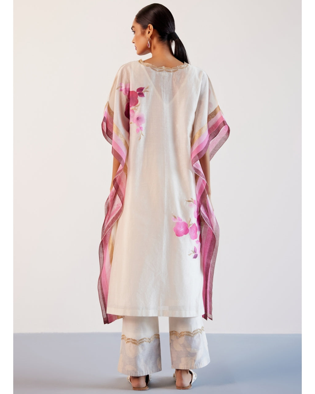 Ivory And Pink Silk Chanderi Hand-Painted Embroidered Kaftan Set