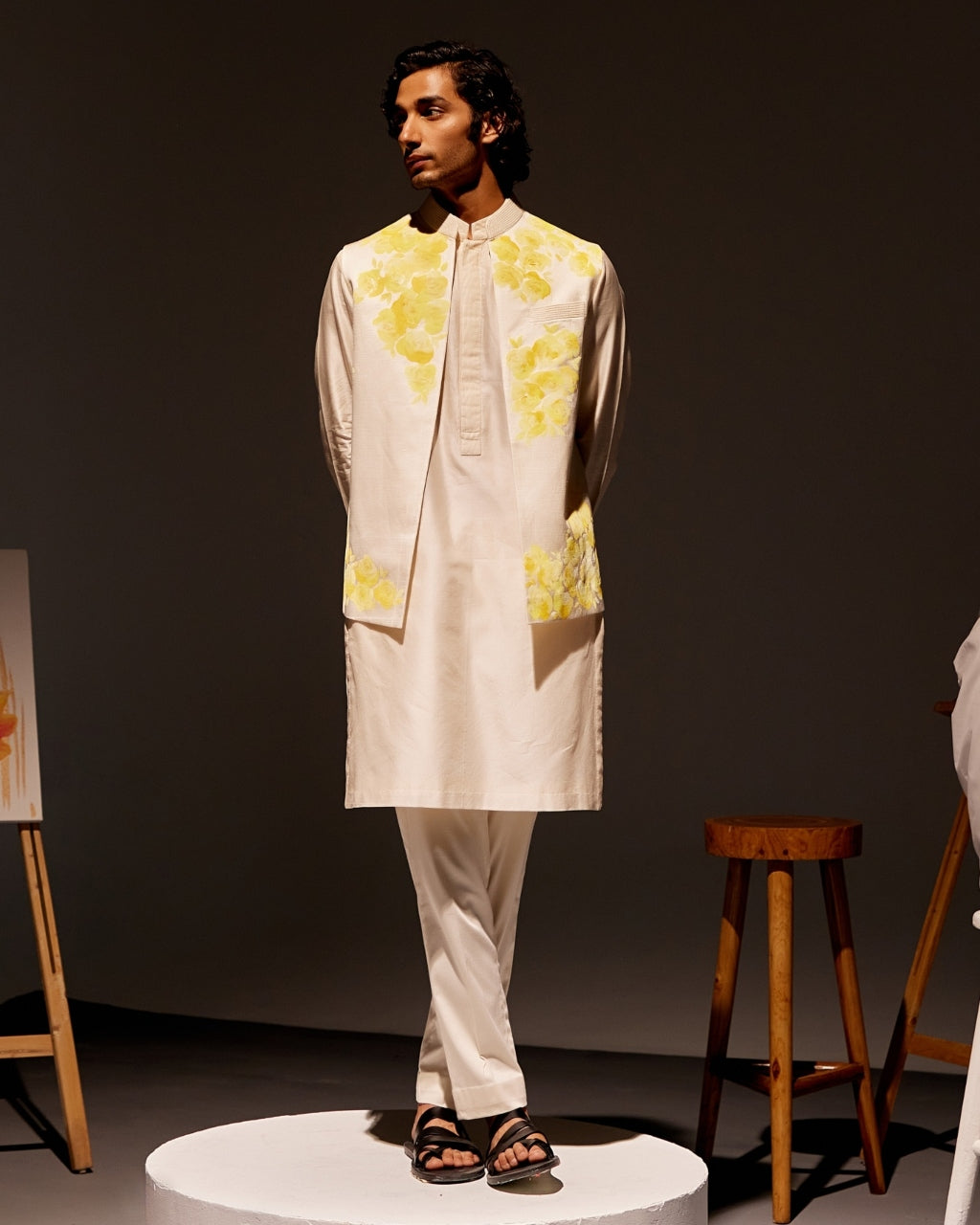 Ivory Silk Chanderi Kurta And Hand-Painted Bandi Set