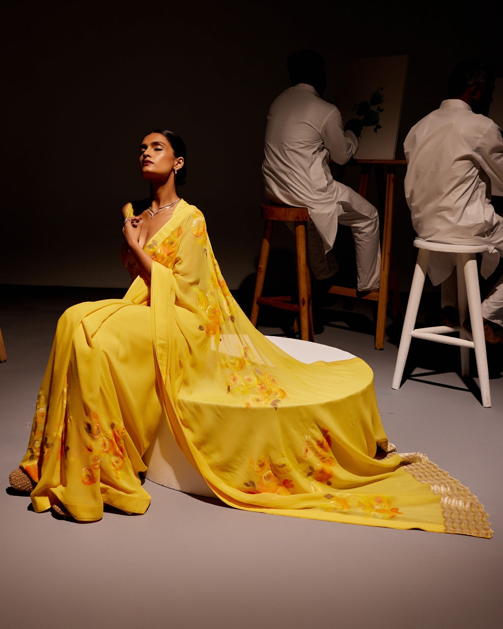 Yellow Pure Georgette Hand-Painted Embroidered Sari