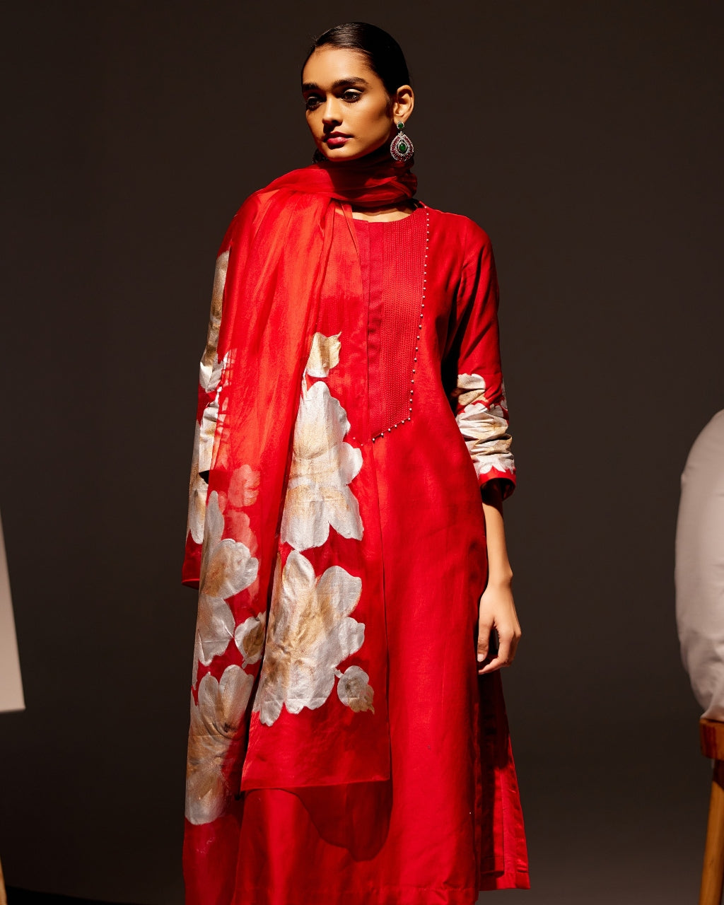 Red Silk Chanderi Hand-Painted Kurta Set