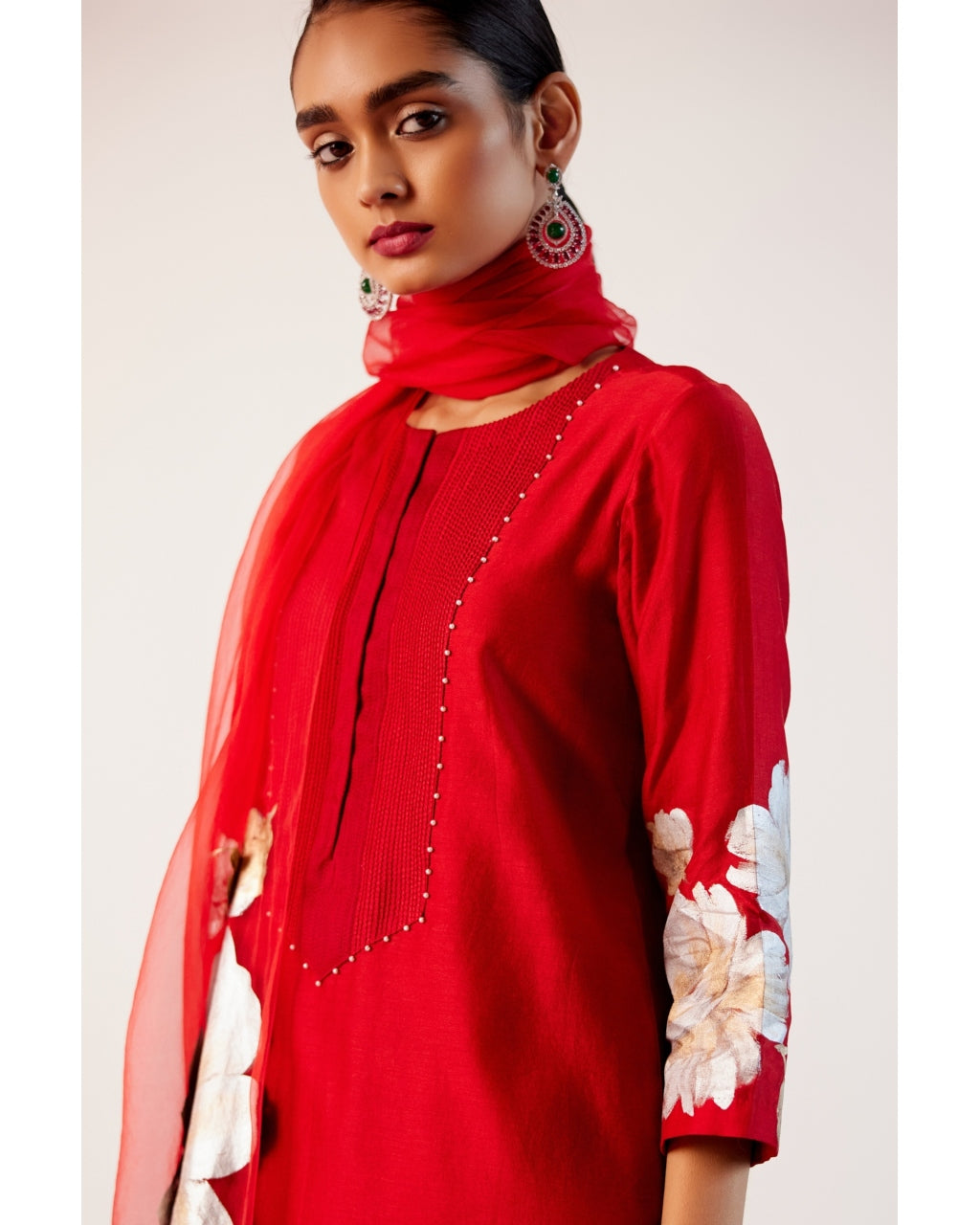 Red Silk Chanderi Hand-Painted Kurta Set