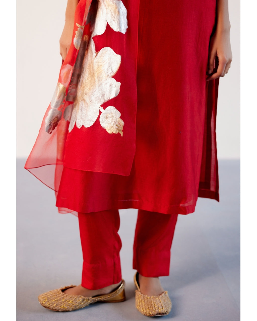 Red Silk Chanderi Hand-Painted Kurta Set