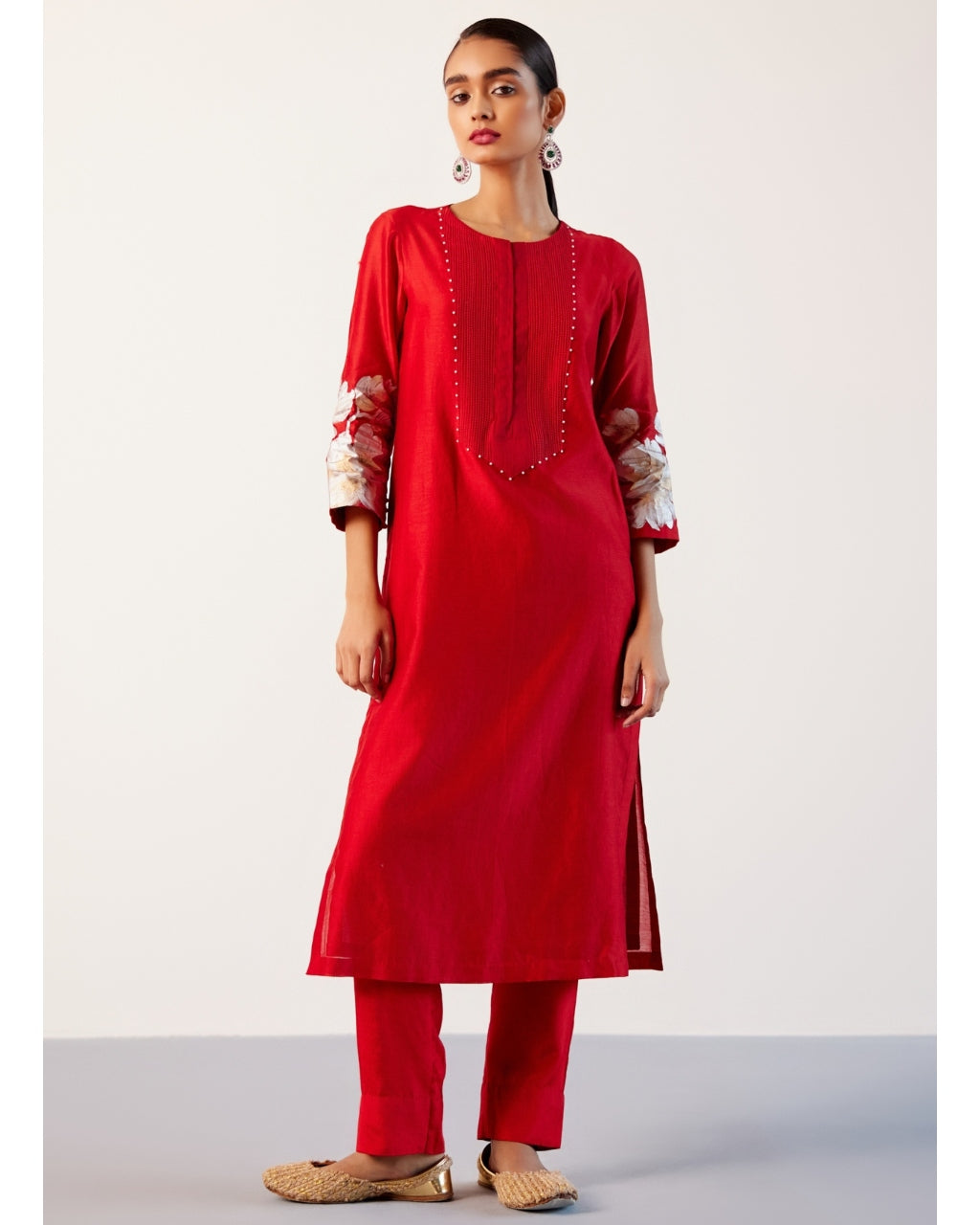 Red Silk Chanderi Hand-Painted Kurta Set