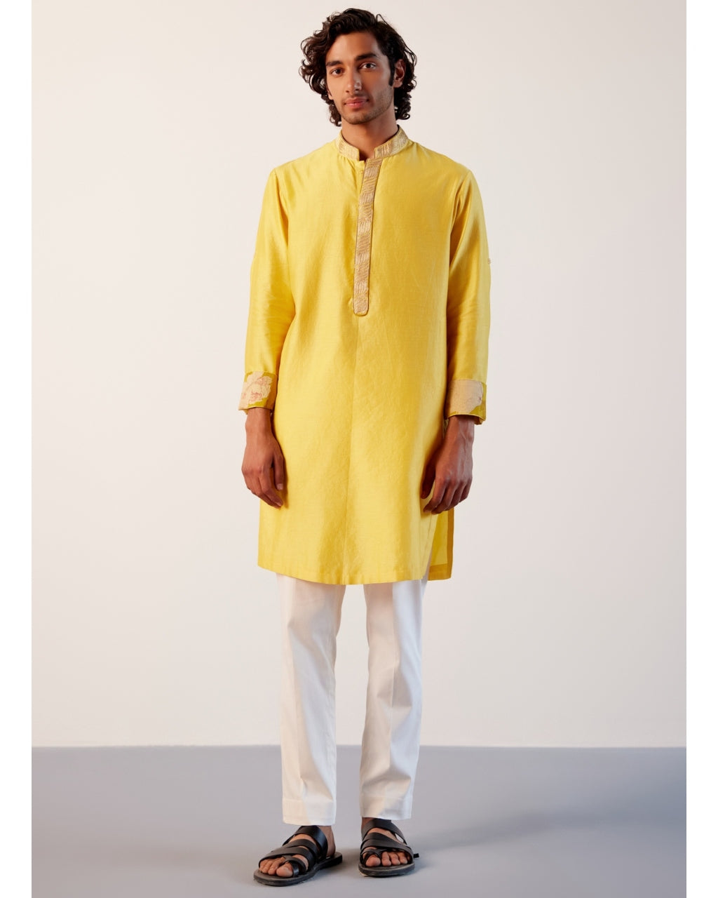 Bright Yellow Silk Chanderi Embroidered Kurta Set