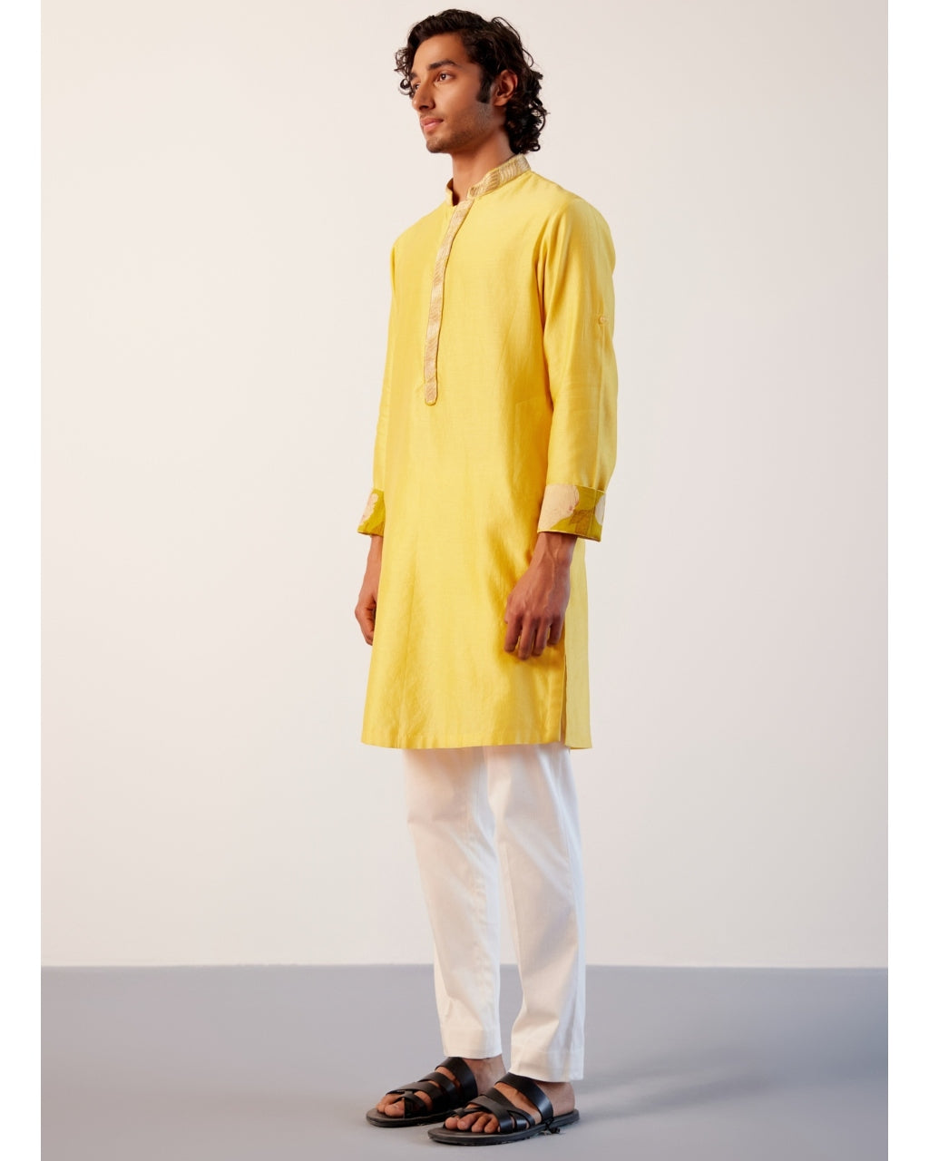 Bright Yellow Silk Chanderi Embroidered Kurta Set