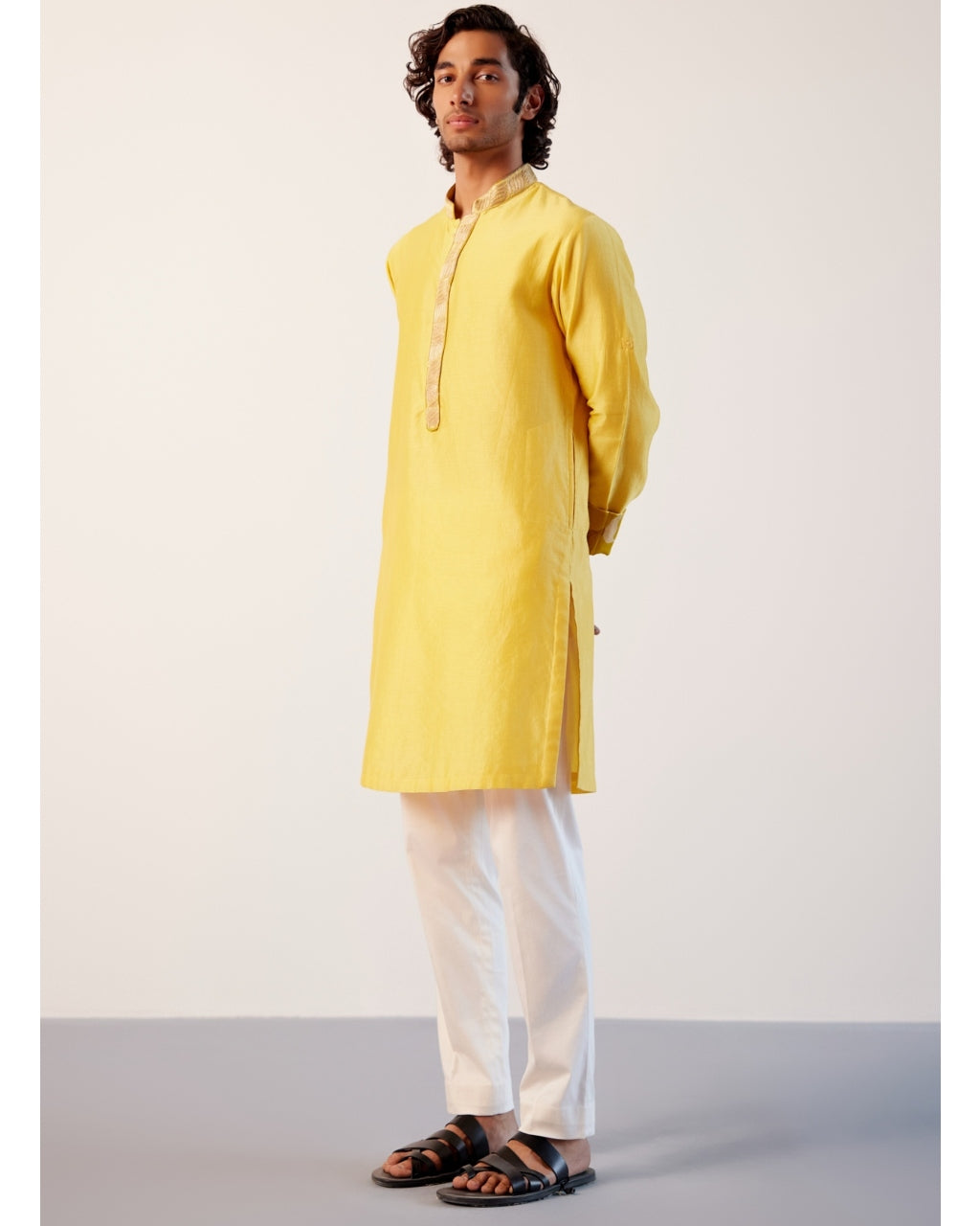 Bright Yellow Silk Chanderi Embroidered Kurta Set