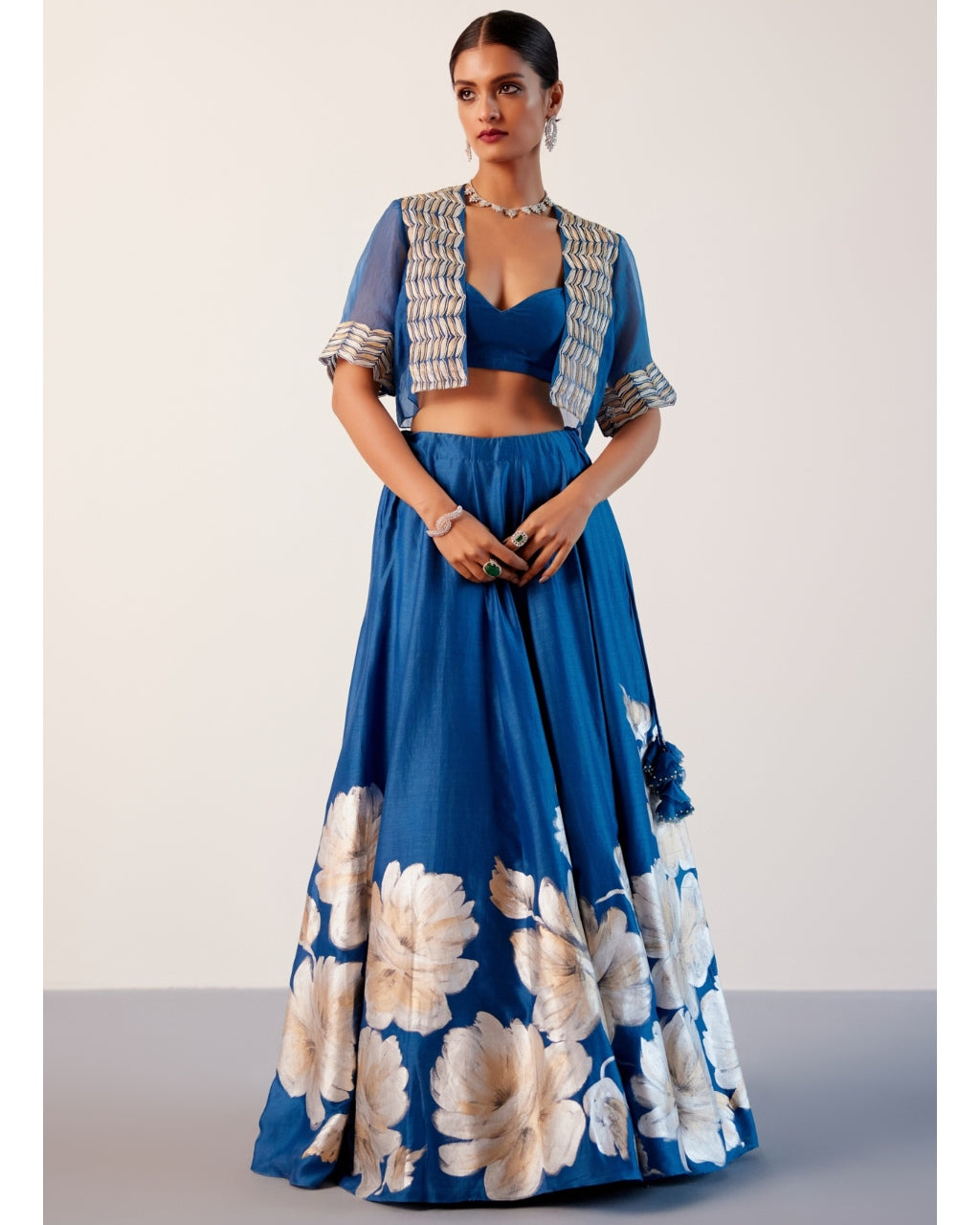 Blue Silk Chanderi Hand-Painted Skirt And Cape Set