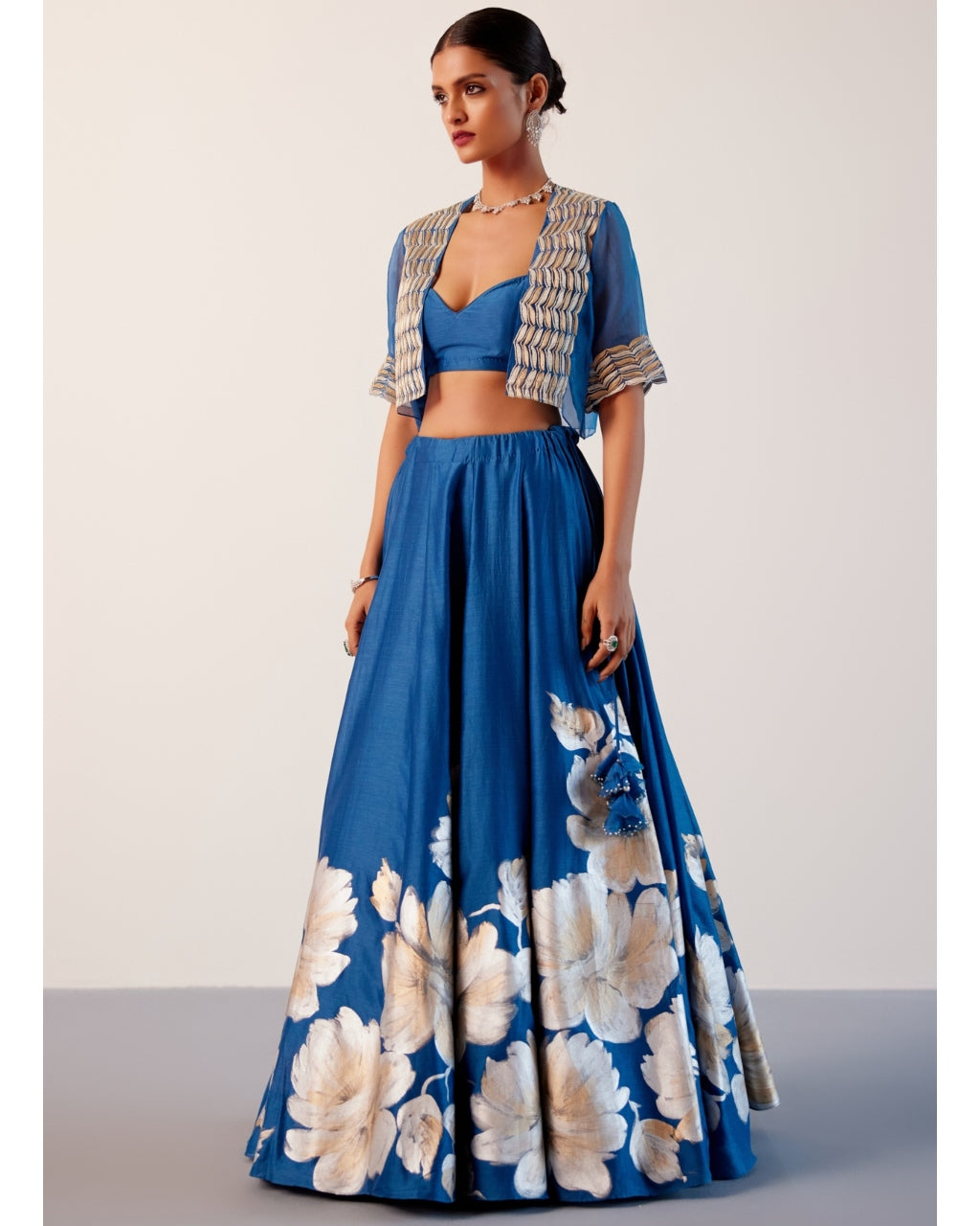 Blue Silk Chanderi Hand-Painted Skirt And Cape Set