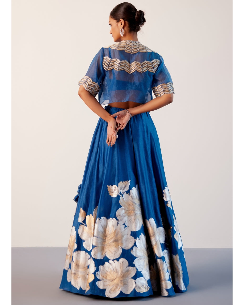 Blue Silk Chanderi Hand-Painted Skirt And Cape Set