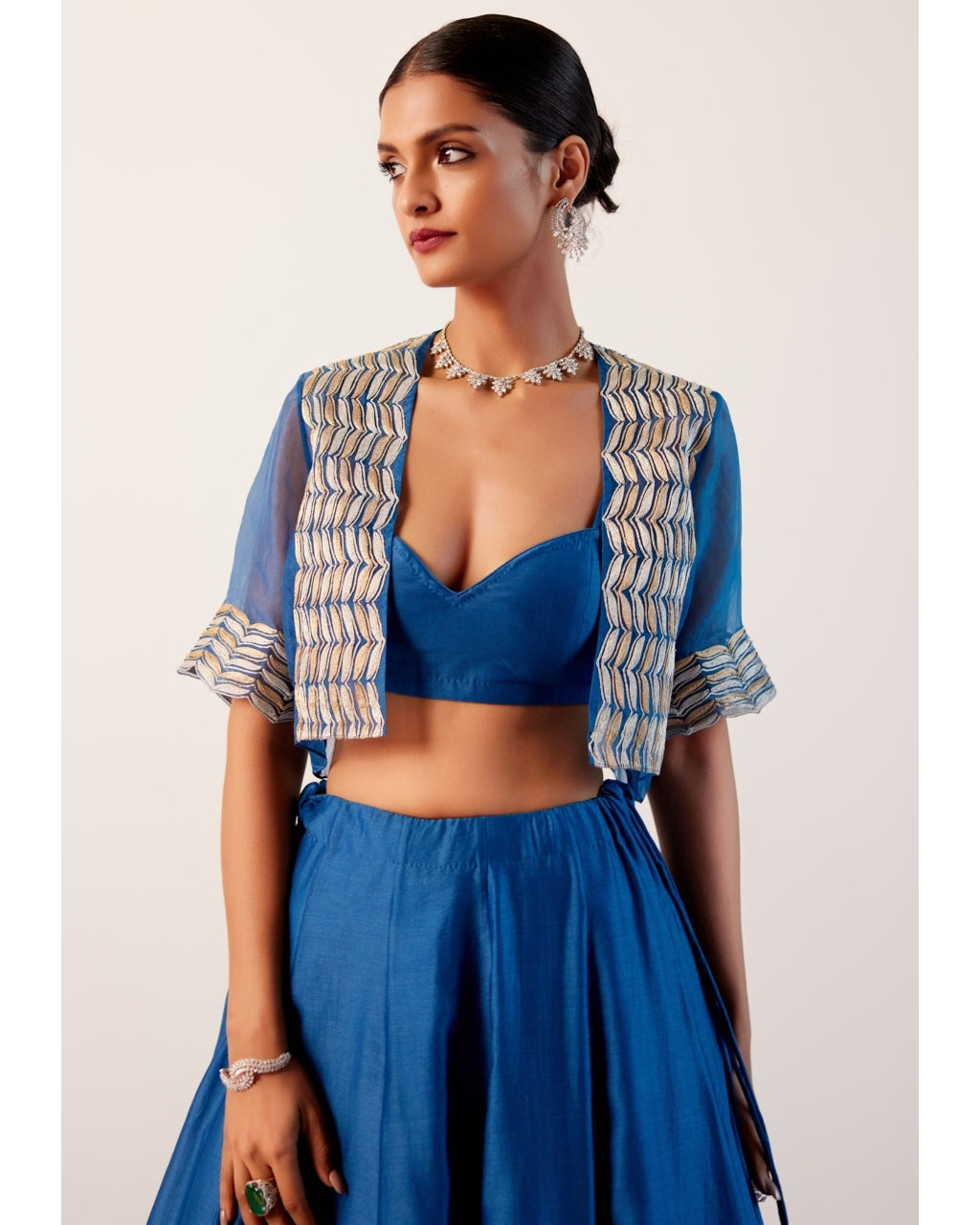 Blue Silk Chanderi Hand-Painted Skirt And Cape Set