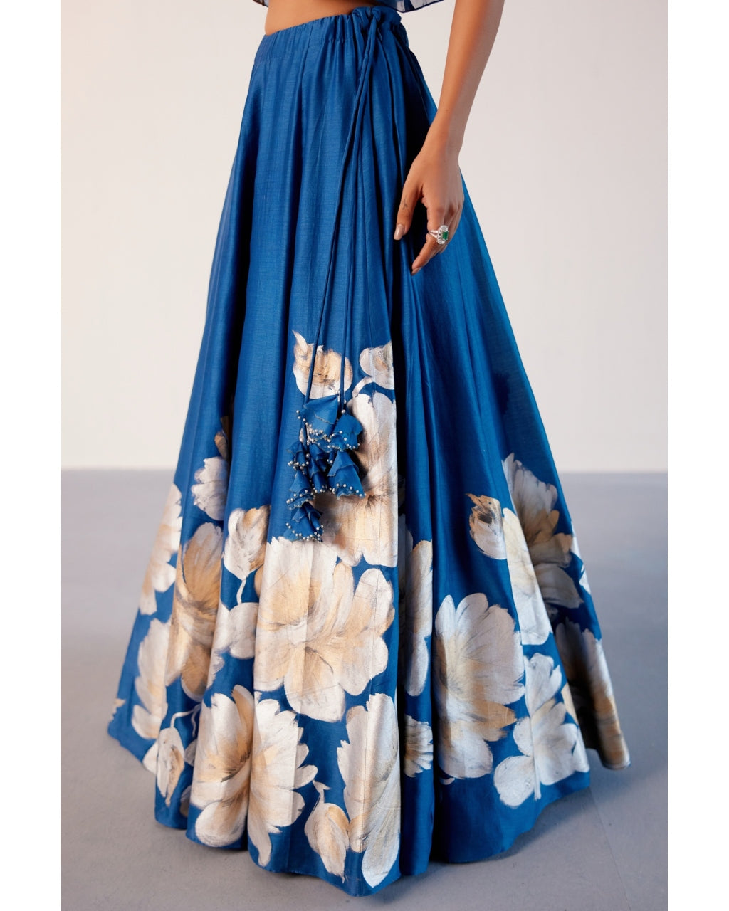 Blue Silk Chanderi Hand-Painted Skirt And Cape Set