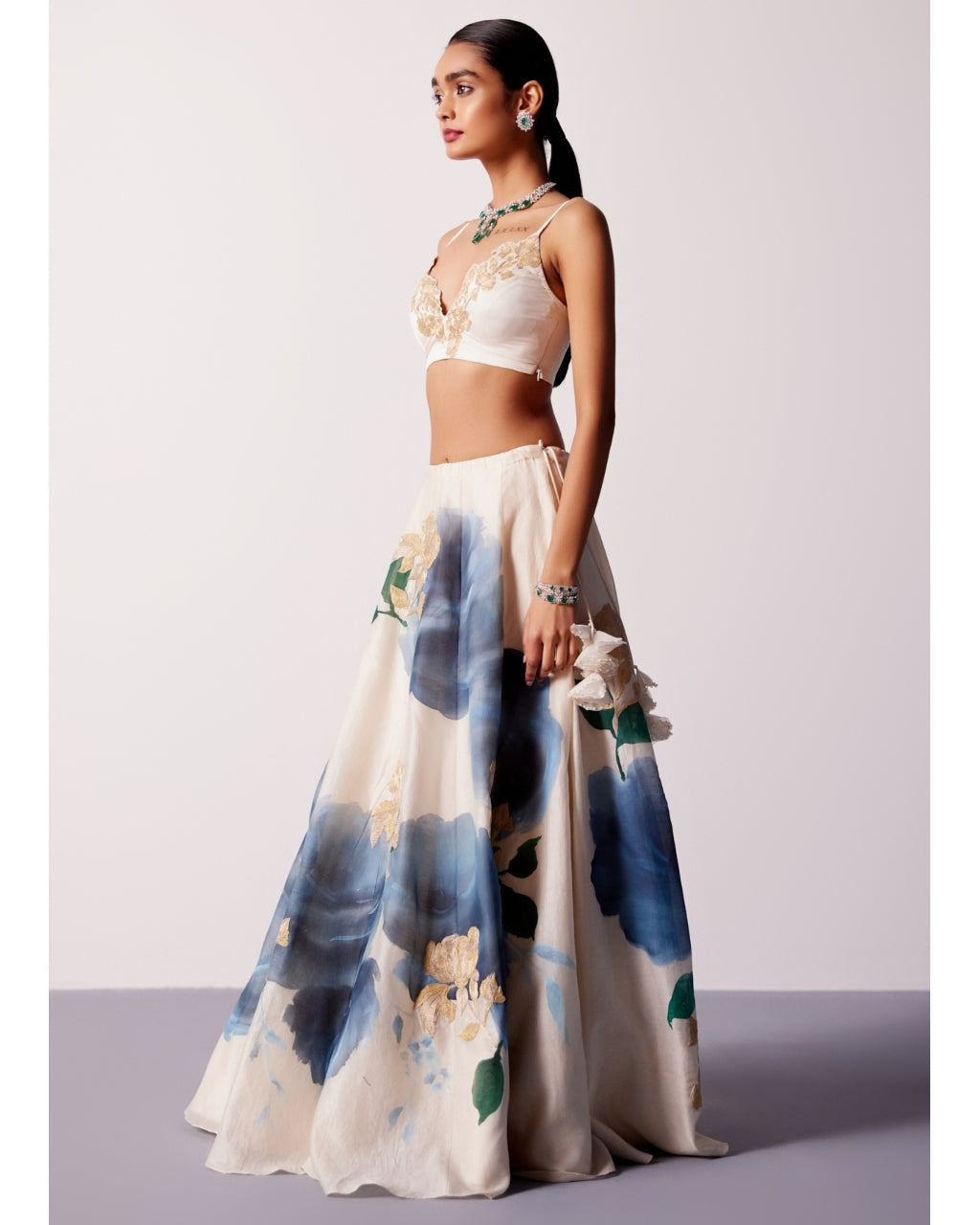 Beige And Blue Silk Chanderi Hand-Painted Embroidered Lehenga Set