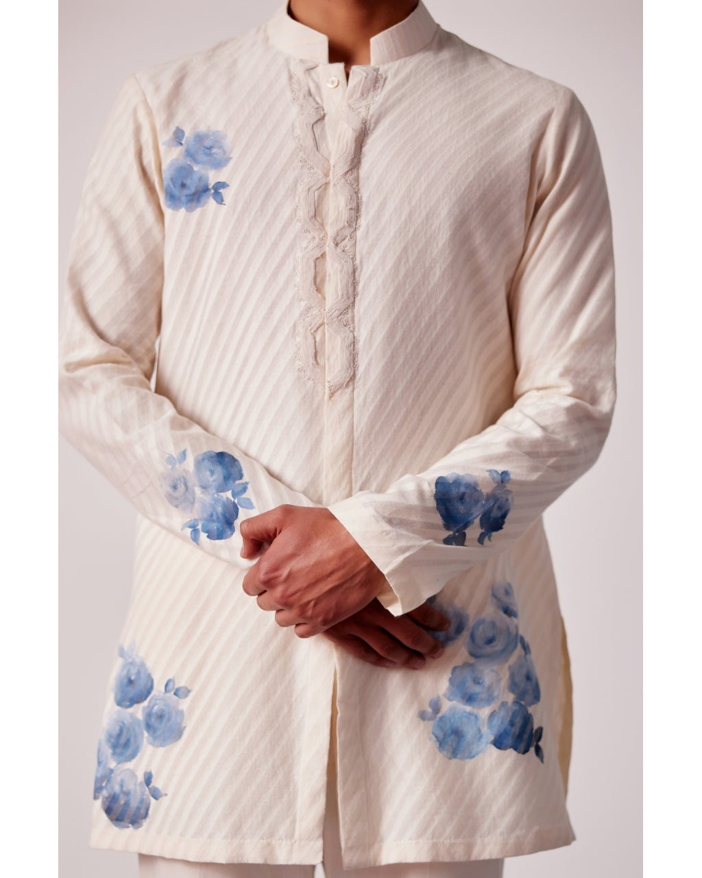 Ivory And Blue Stripe Silk Chanderi Hand-Painted Kurta Set