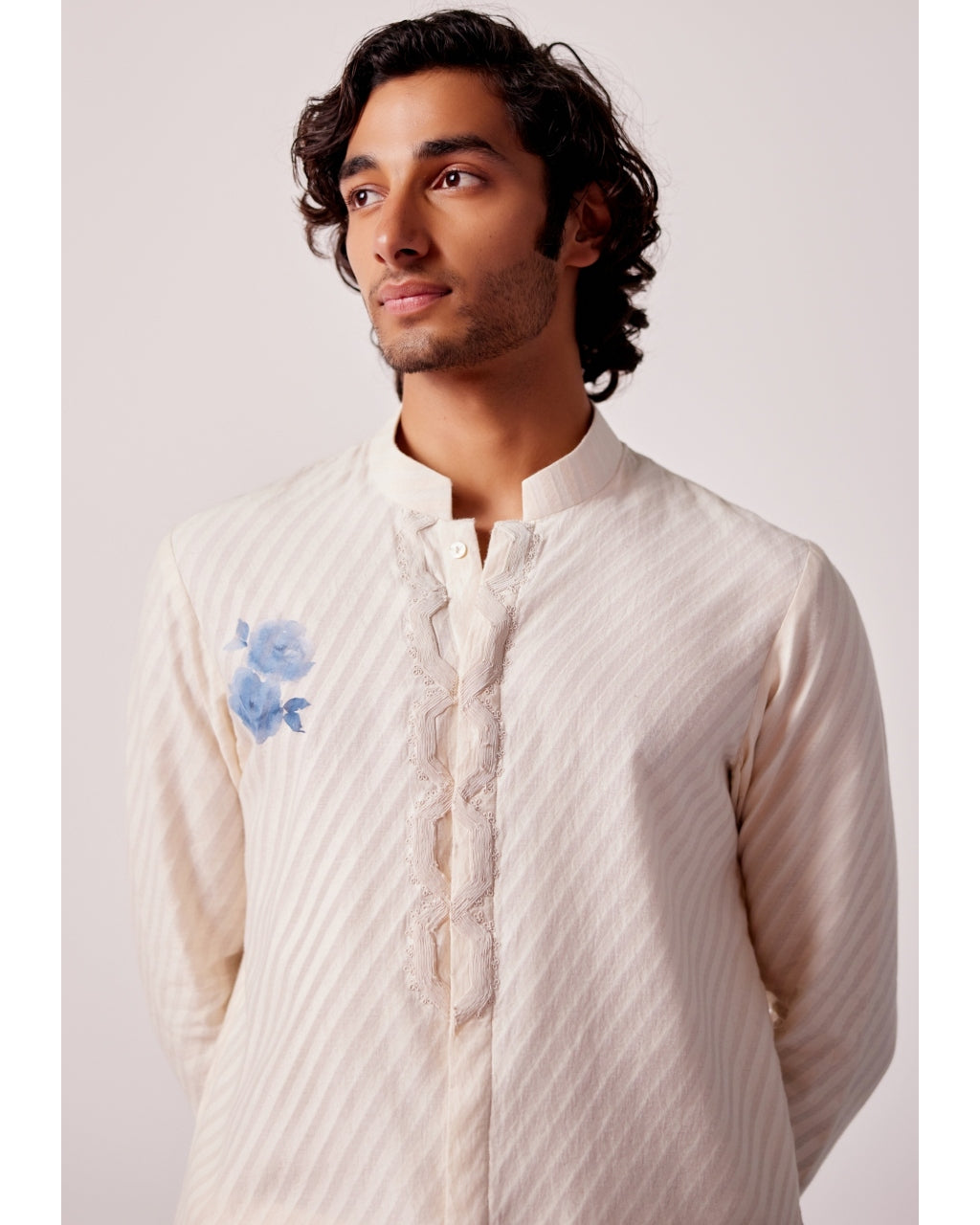 Ivory And Blue Stripe Silk Chanderi Hand-Painted Kurta Set