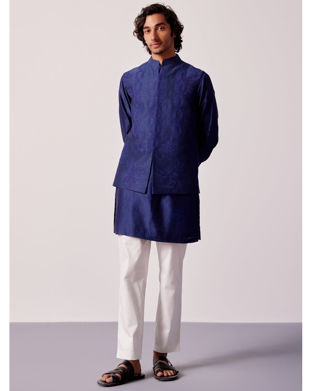 Navy Blue Silk Chanderi Kurta And Embroidered Bandi Set