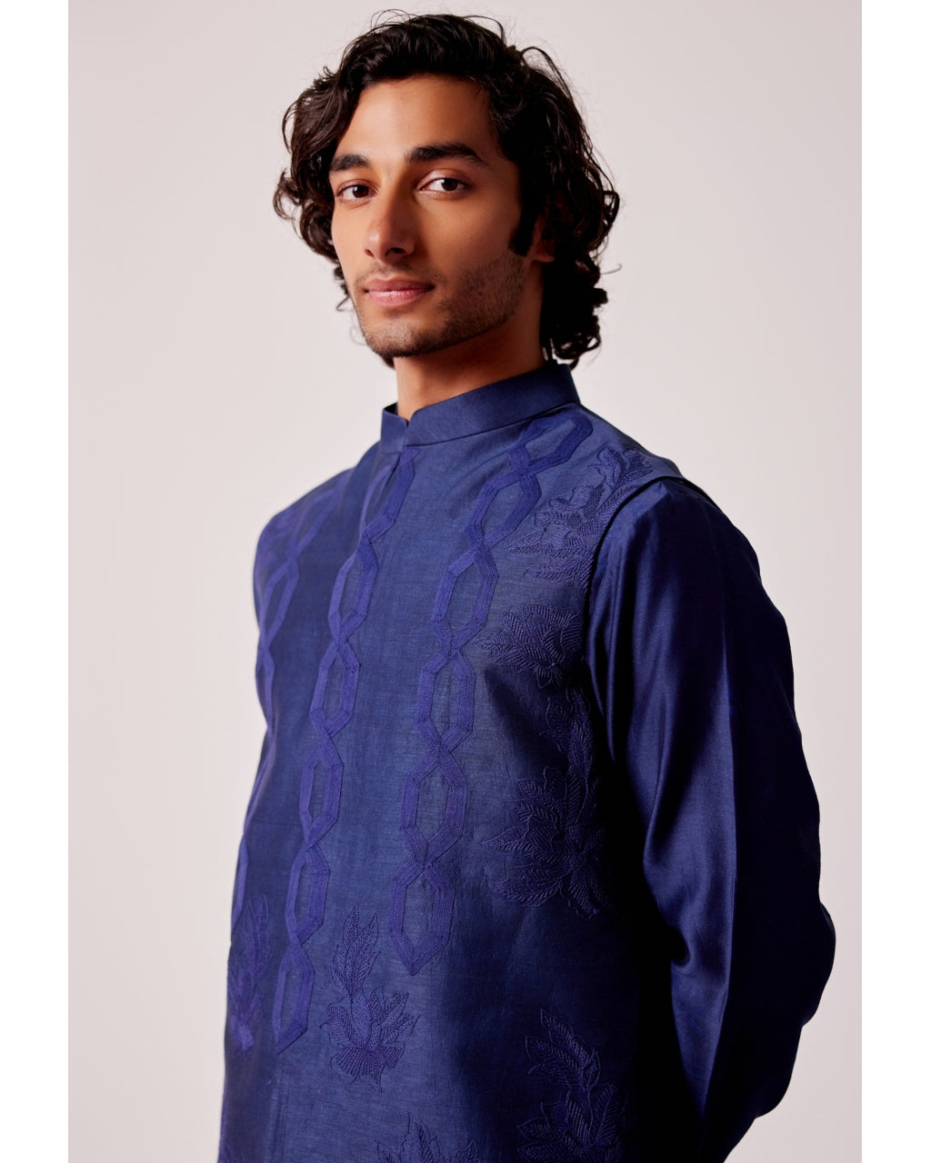 Navy Blue Silk Chanderi Kurta And Embroidered Bandi Set