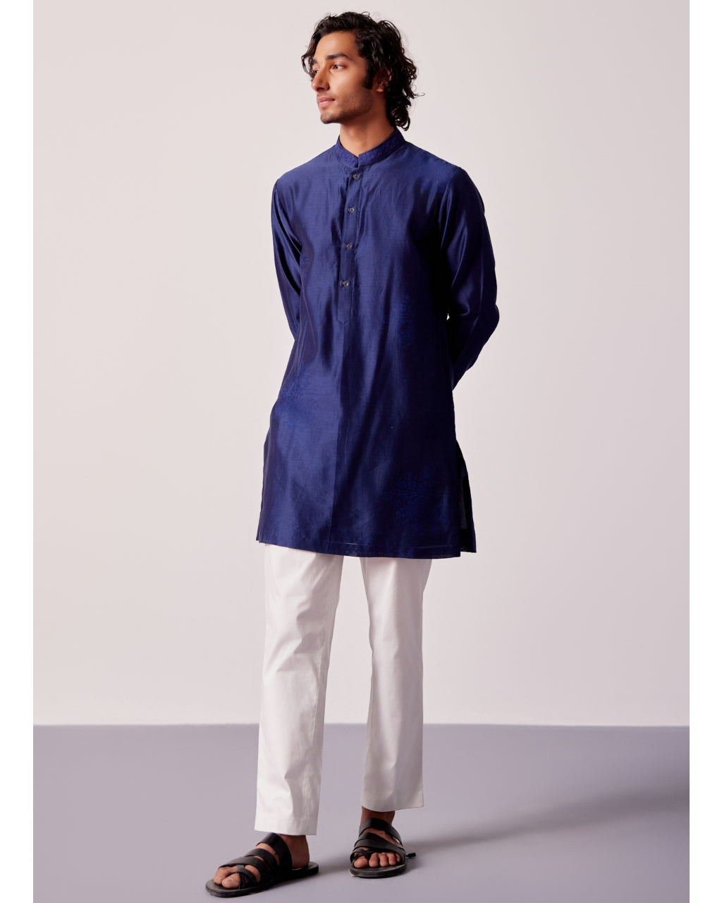 Navy Blue Silk Chanderi Kurta And Embroidered Bandi Set