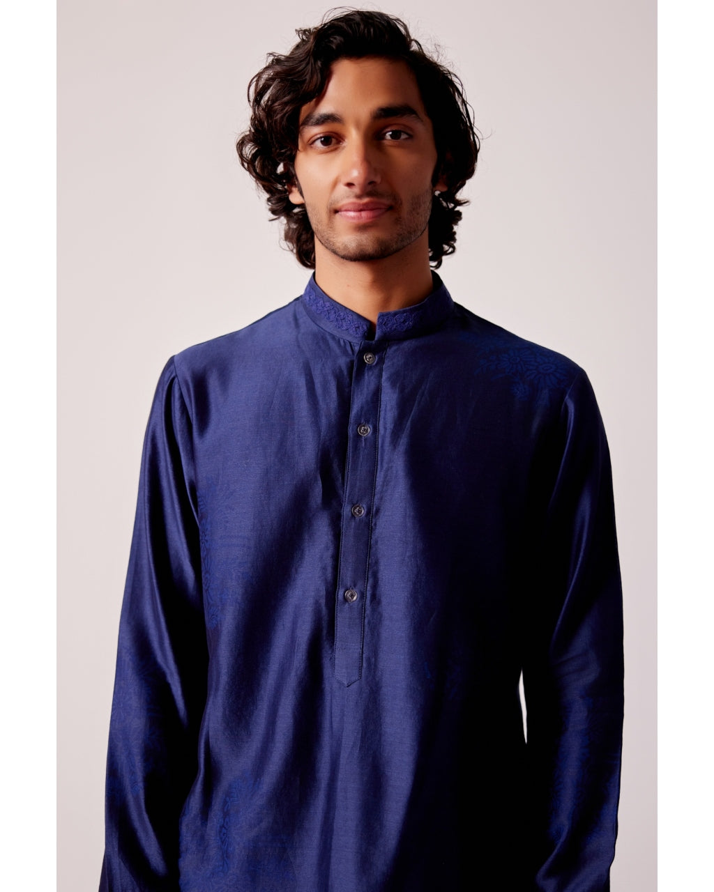 Navy Blue Silk Chanderi Kurta And Embroidered Bandi Set