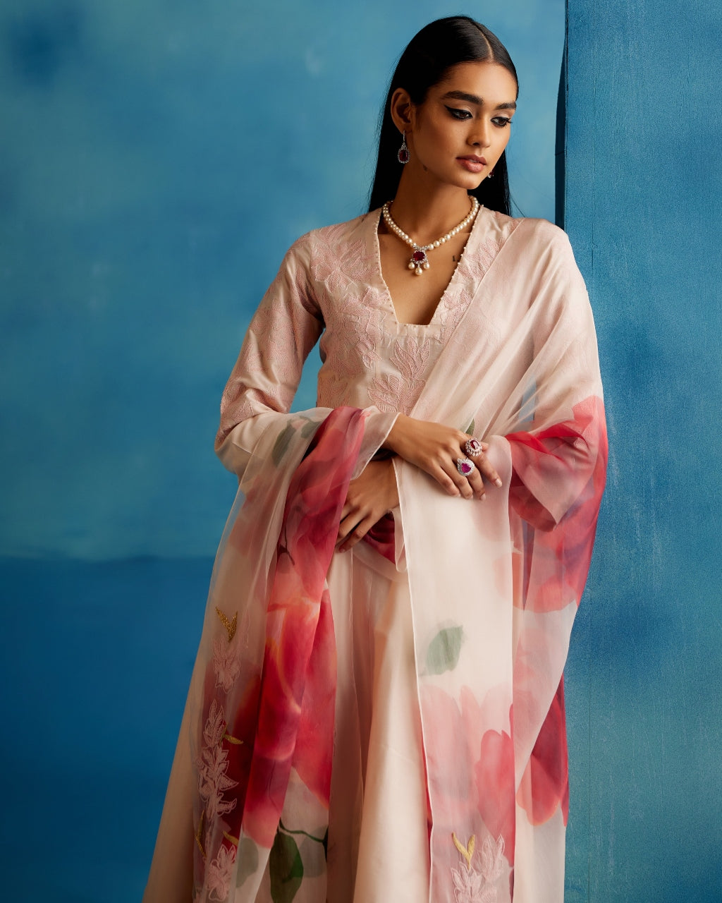 Blush Pink Cotton Silk Blend Hand-Painted Anarkali Set