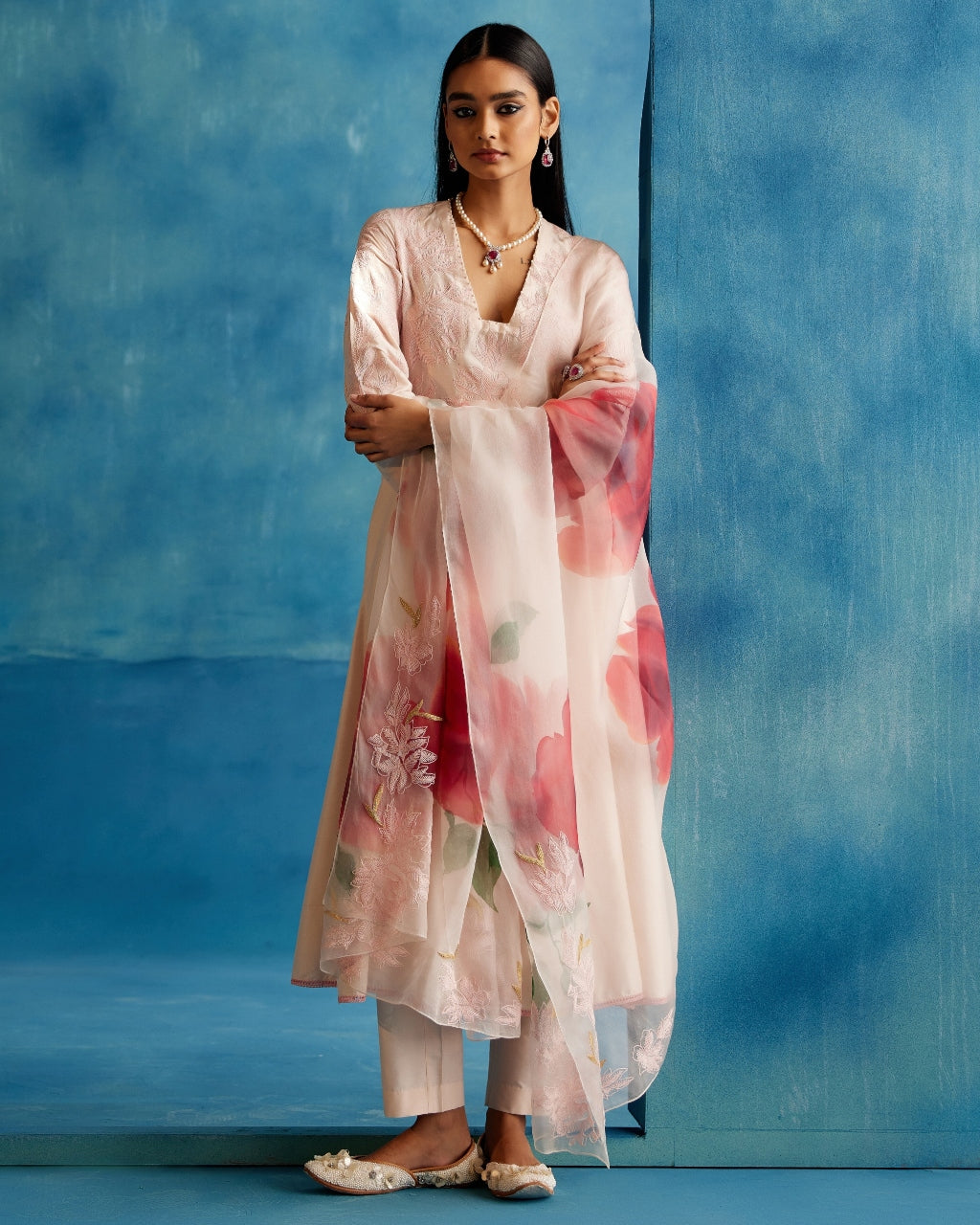 Blush Pink Cotton Silk Blend Hand-Painted Anarkali Set