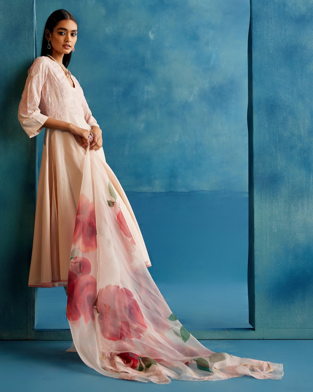 Blush Pink Cotton Silk Blend Hand-Painted Anarkali Set