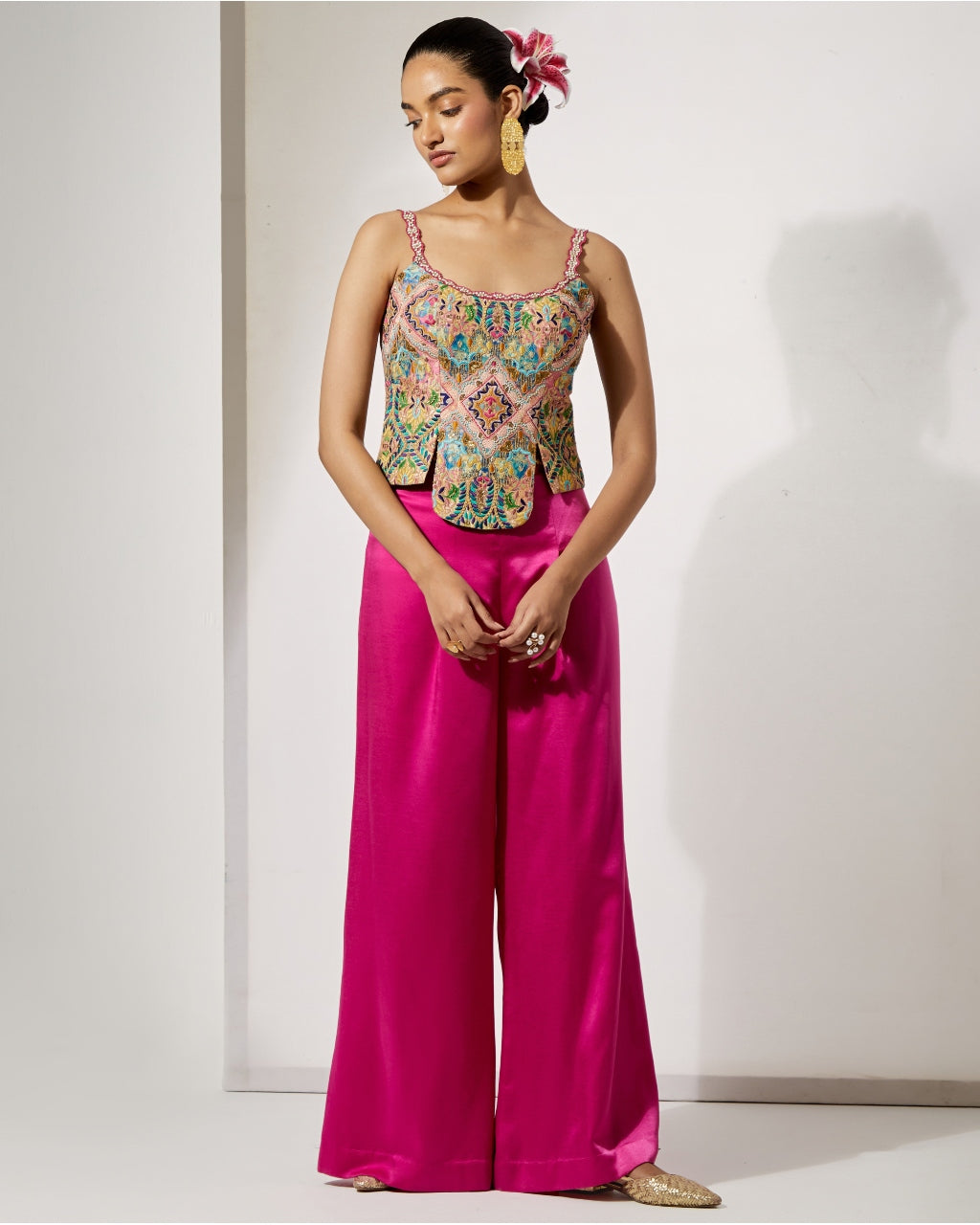 Fuchsia Embroidered Corset & Palazzo Set