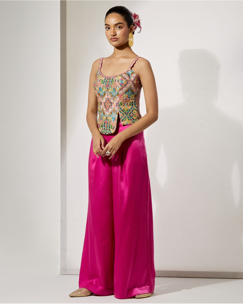 Fuchsia Embroidered Corset & Palazzo Set