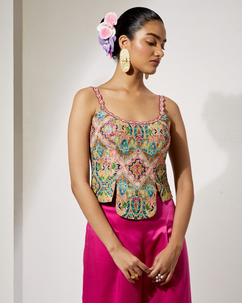 Fuchsia Embroidered Corset & Palazzo Set