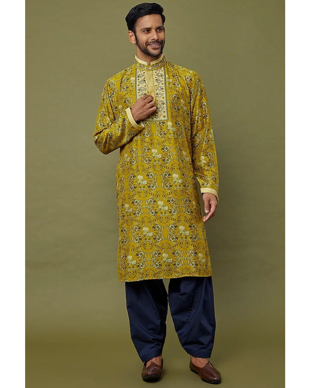 Olive Green Cotton Chanderi Printed & Embroidered Kurta