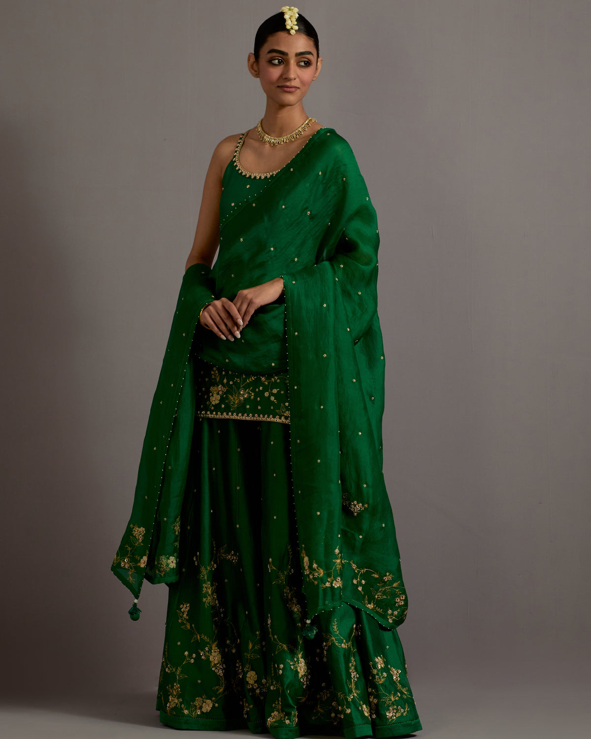 Green Jaal Hand Embroidered Silk Short Kurta Sharara Set