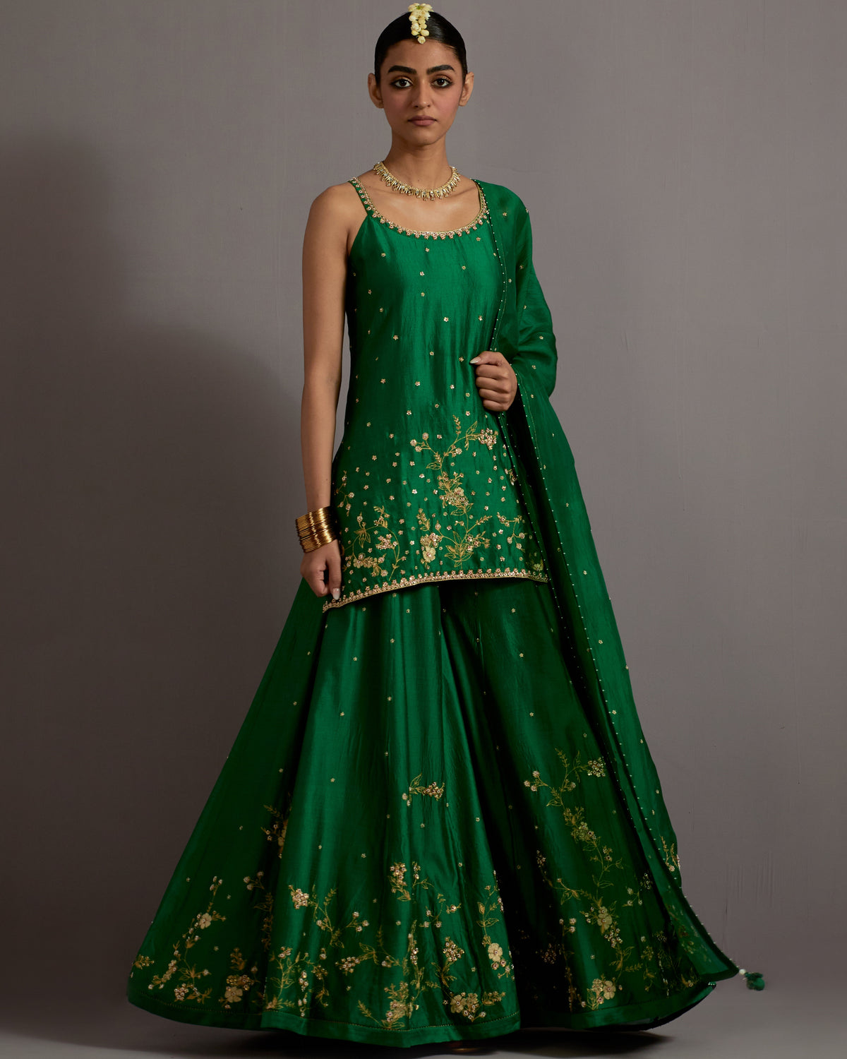 Green Jaal Hand Embroidered Silk Short Kurta Sharara Set
