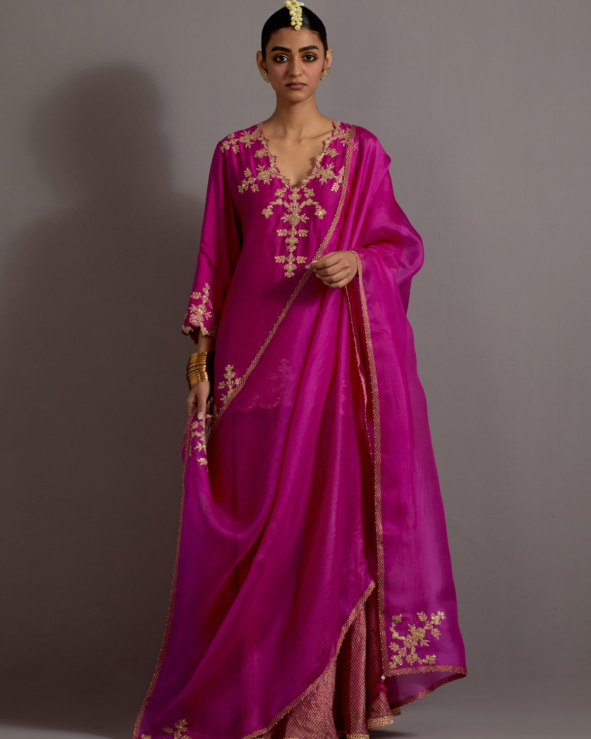 Fuchsia Pink Hand Embroidered Short Kurta Checkered Sharara Set