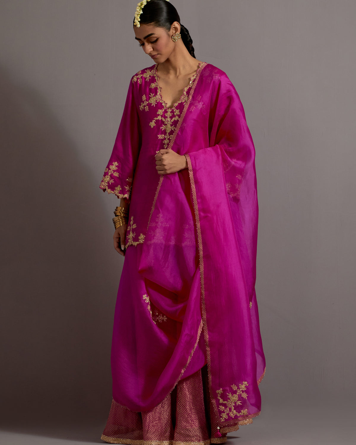 Fuchsia Pink Hand Embroidered Short Kurta Checkered Sharara Set