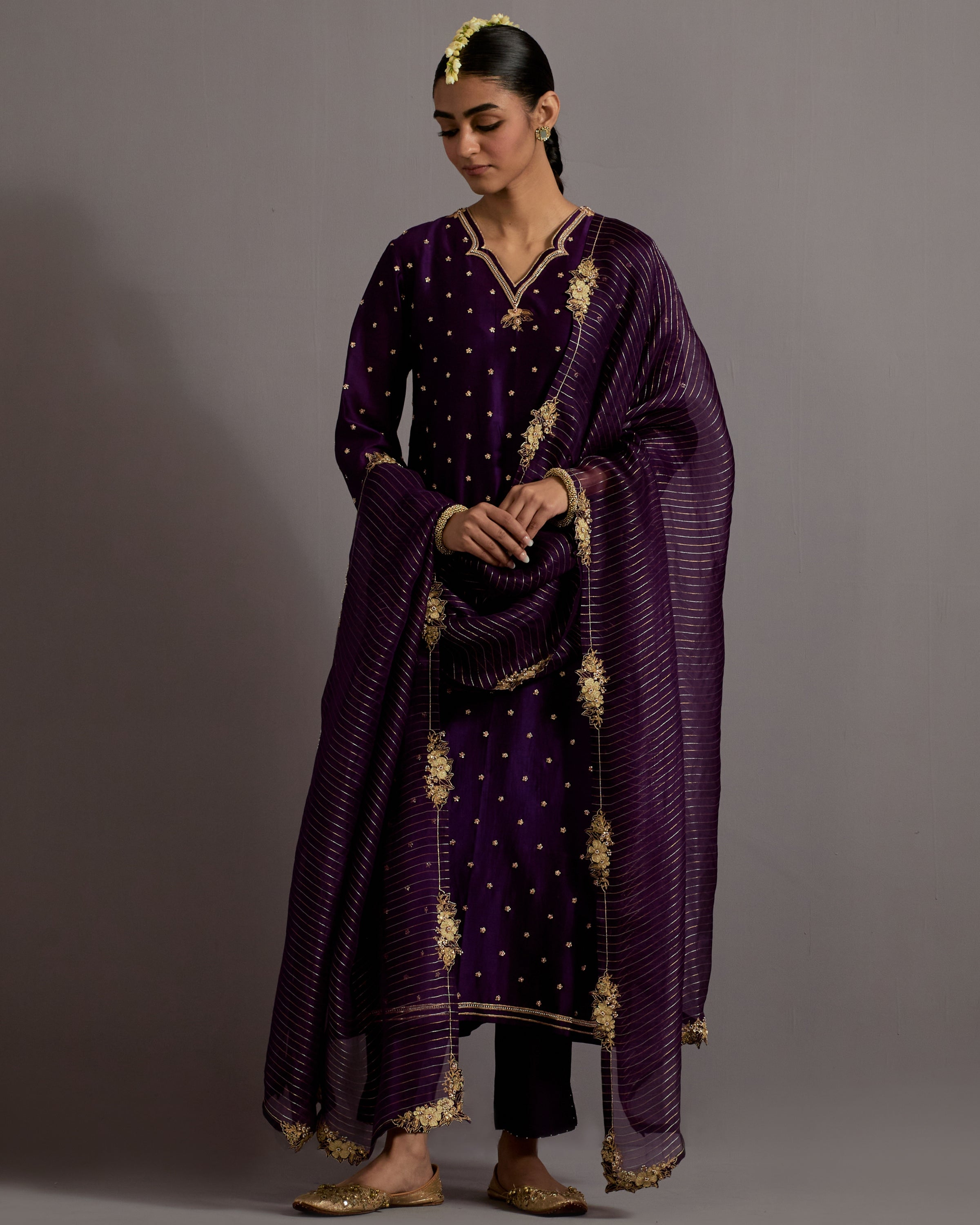 Aubergine Zardosi Boota Embroidered Straight Kurta Set