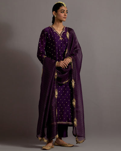 Aubergine Zardosi Boota Embroidered Straight Kurta Set