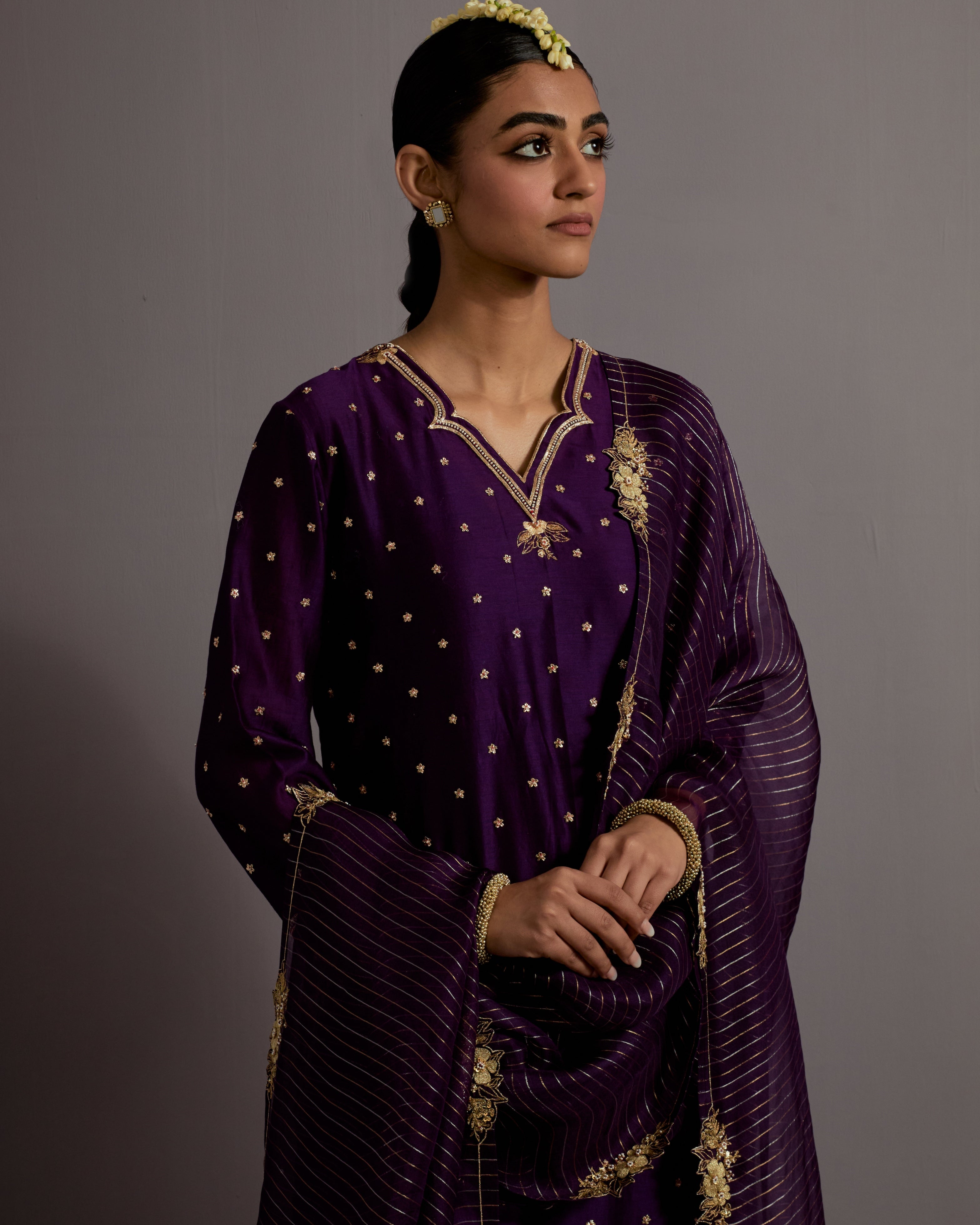 Aubergine Zardosi Boota Embroidered Straight Kurta Set