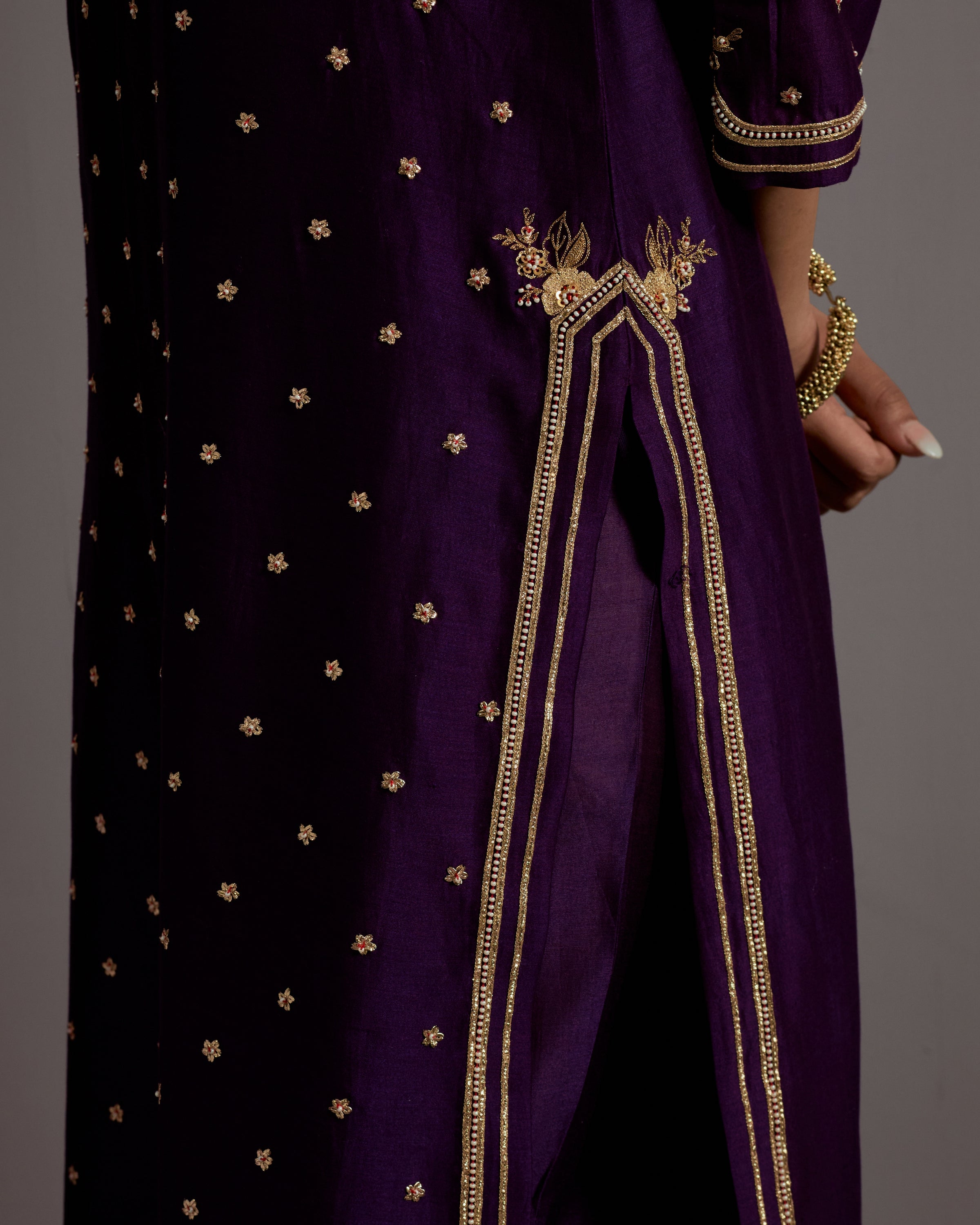 Aubergine Zardosi Boota Embroidered Straight Kurta Set