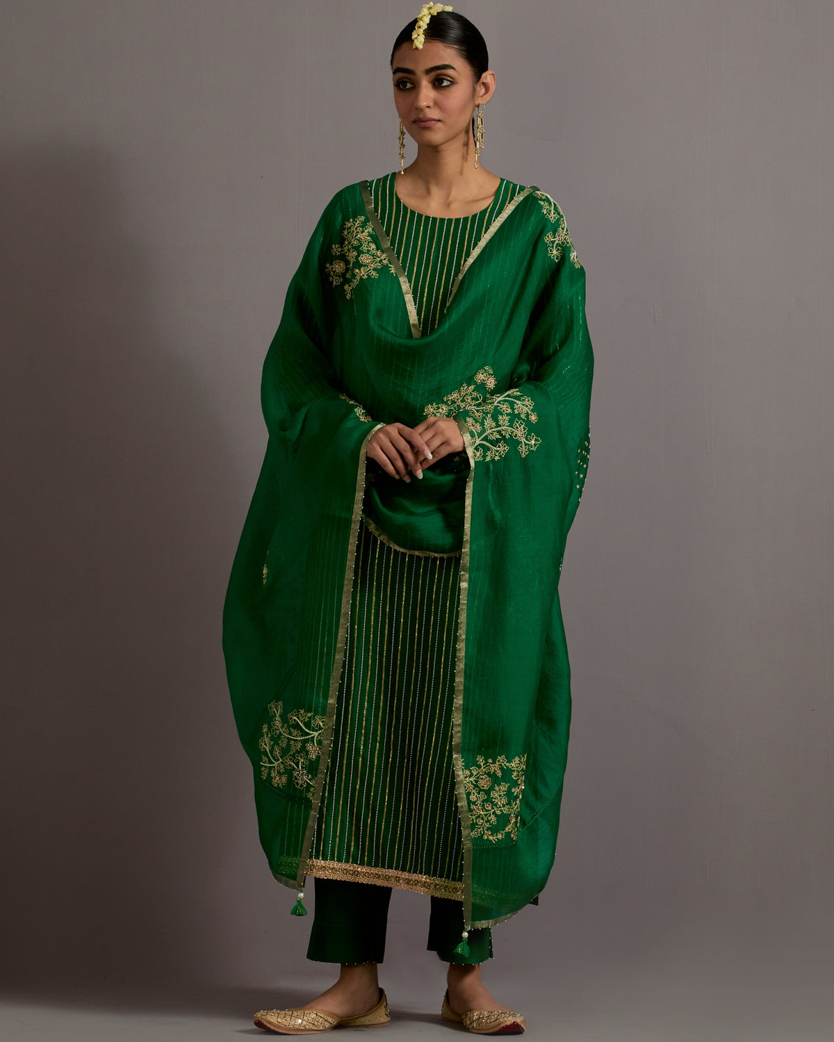 Green Stripes Hand Embroidered Straight Kurta Set
