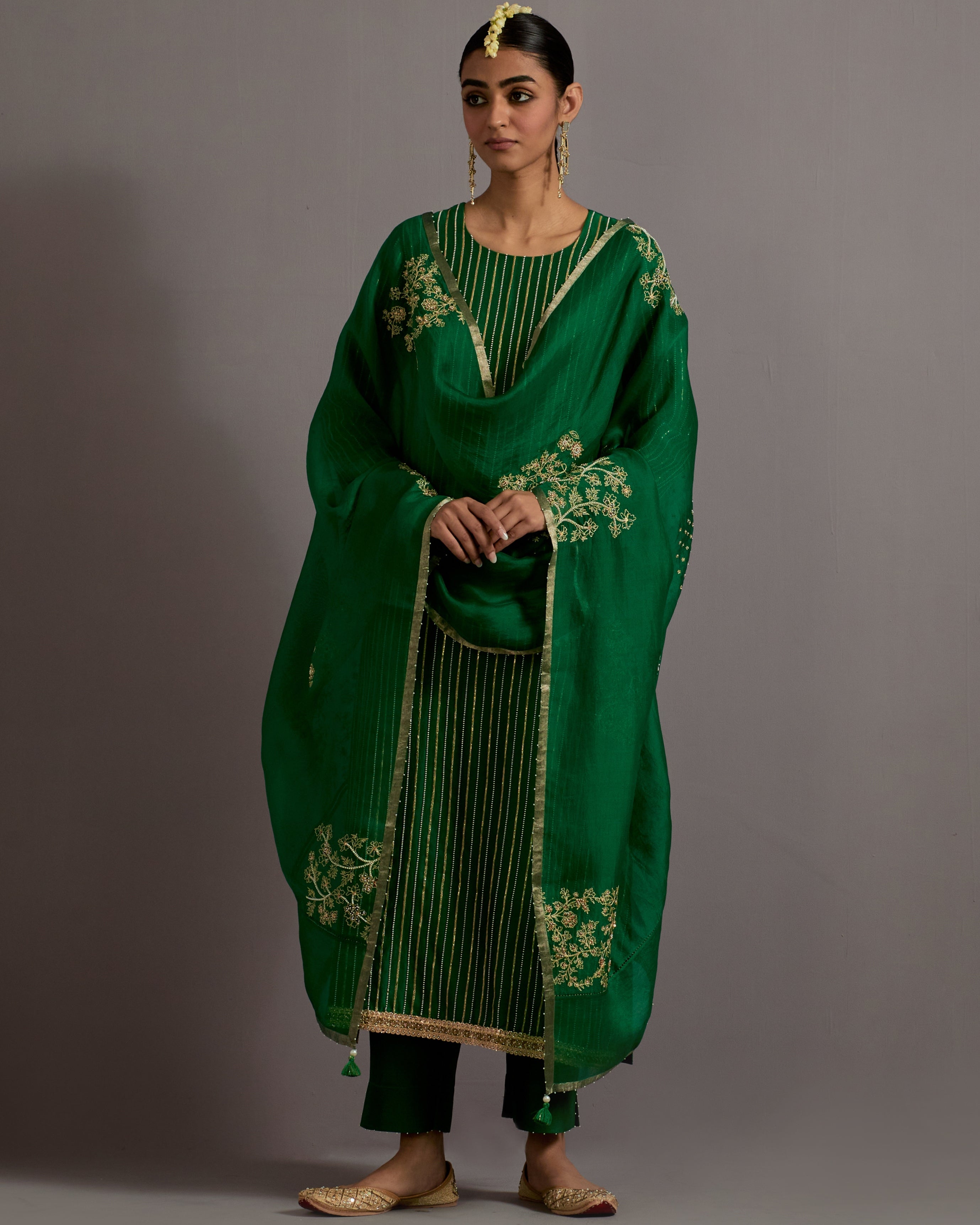 Green Stripes Hand Embroidered Straight Kurta Set
