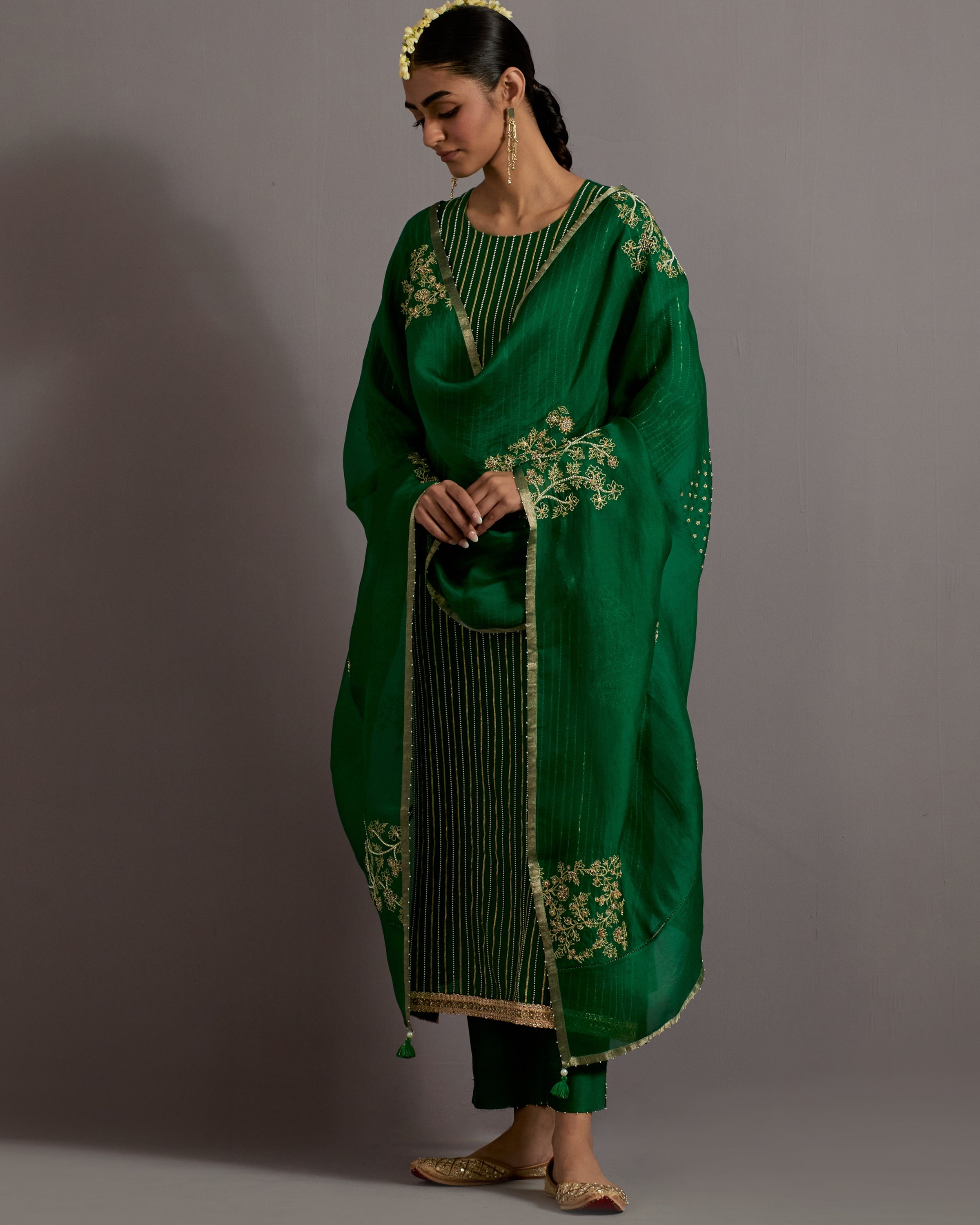 Green Stripes Hand Embroidered Straight Kurta Set