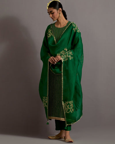 Green Stripes Hand Embroidered Straight Kurta Set