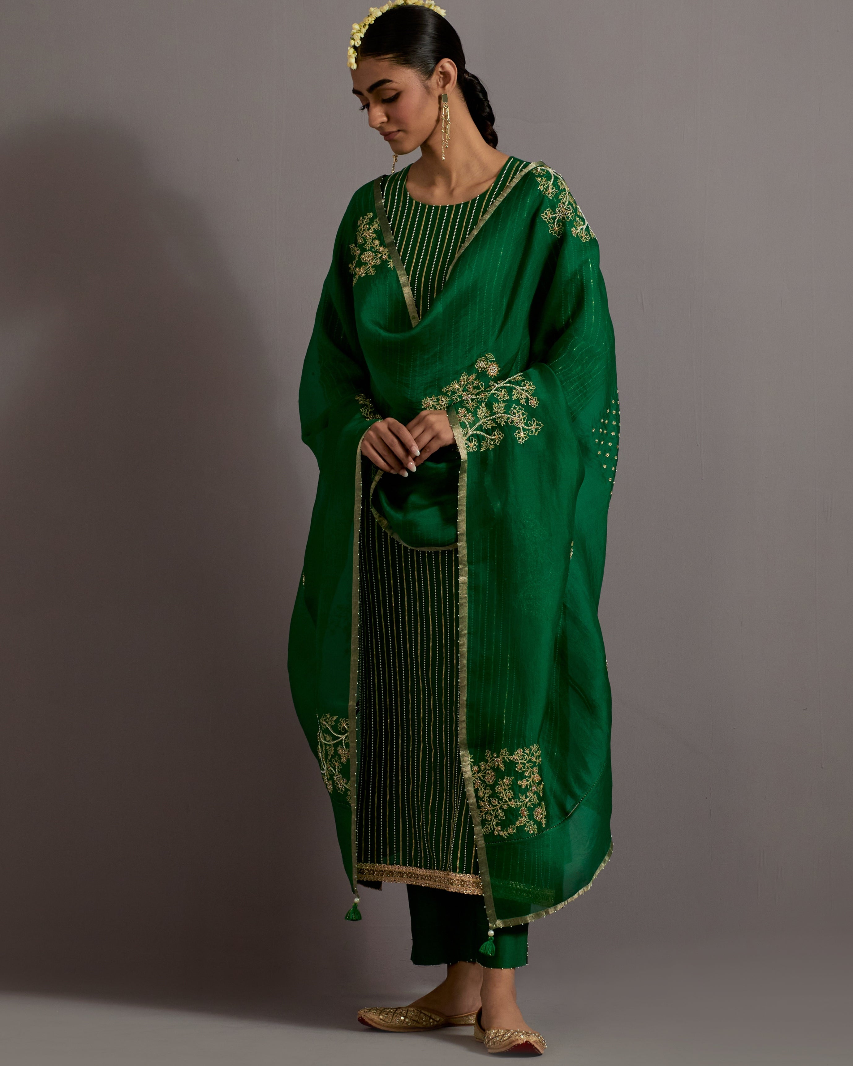 Green Stripes Hand Embroidered Straight Kurta Set