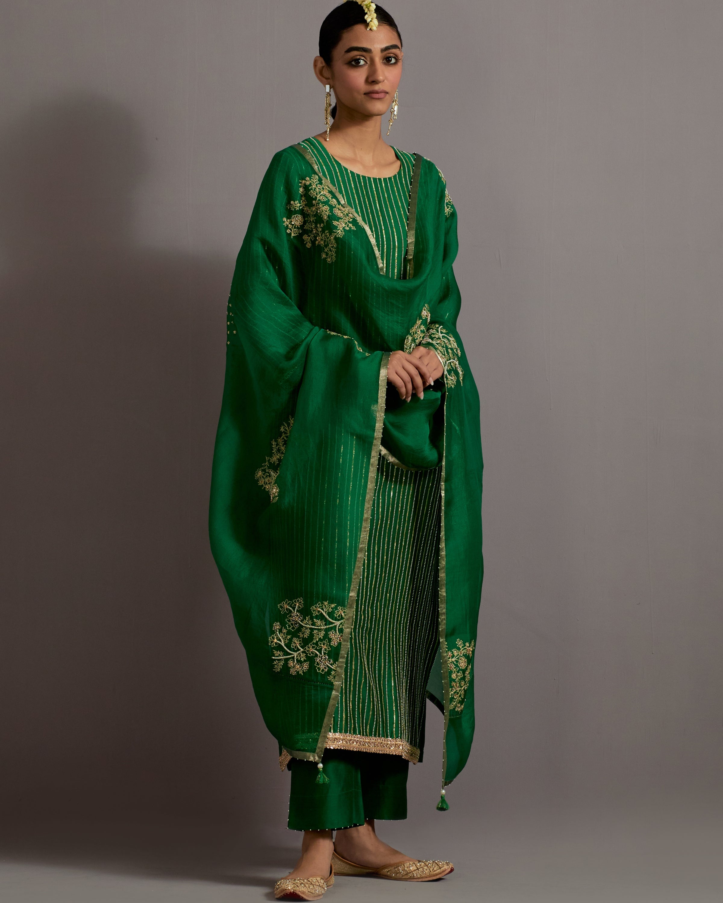 Green Stripes Hand Embroidered Straight Kurta Set